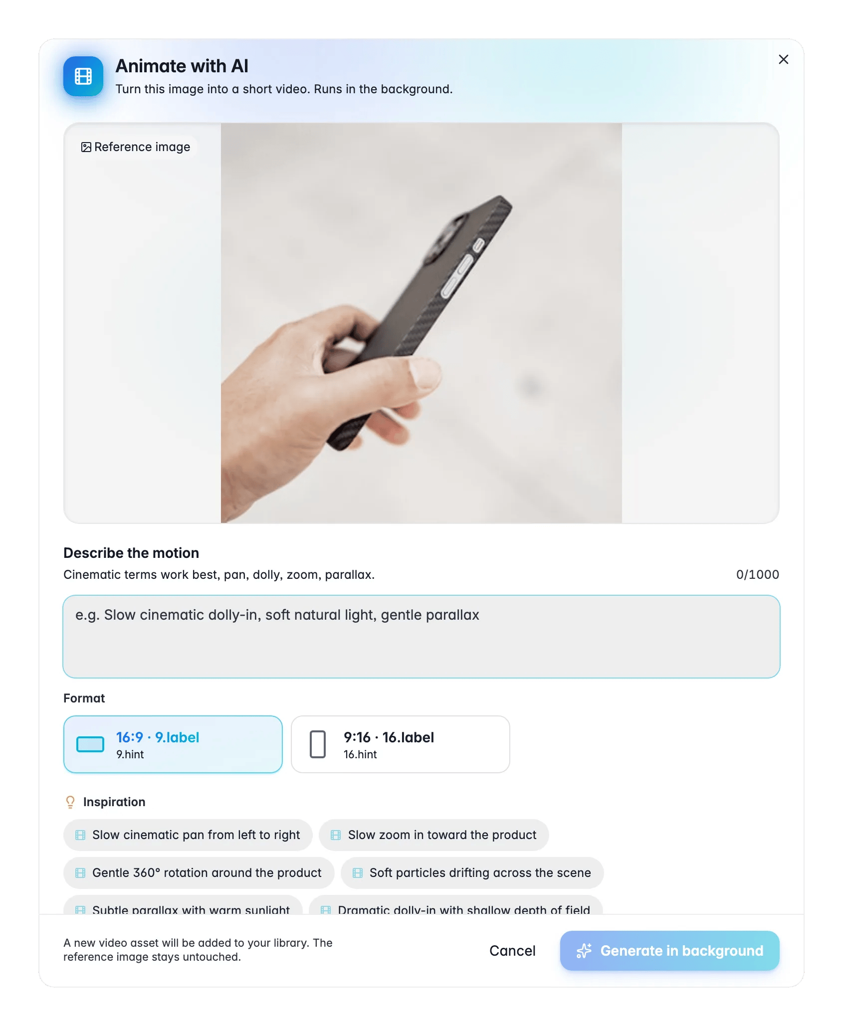 Animating a product image into a short video with AI in WISEPIM