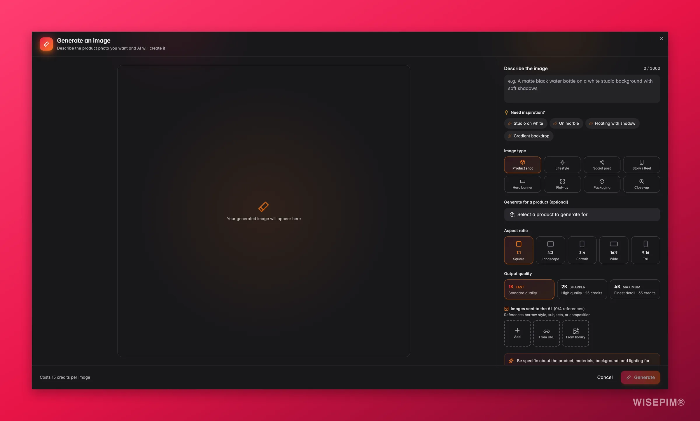 Generating a product image from scratch with AI in WISEPIM, text prompt, aspect ratio and output quality