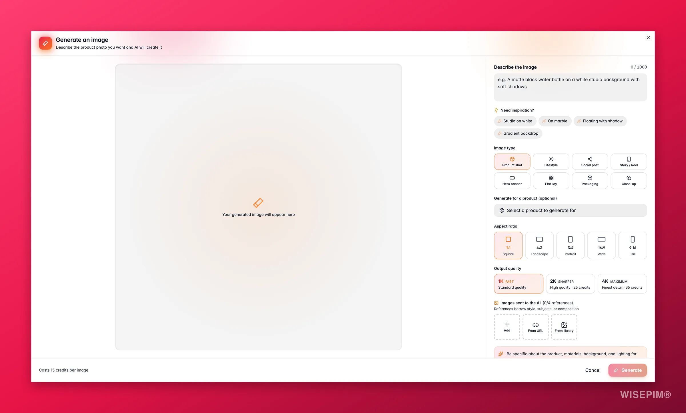 Generating a product image from scratch with AI in WISEPIM, text prompt, aspect ratio and output quality