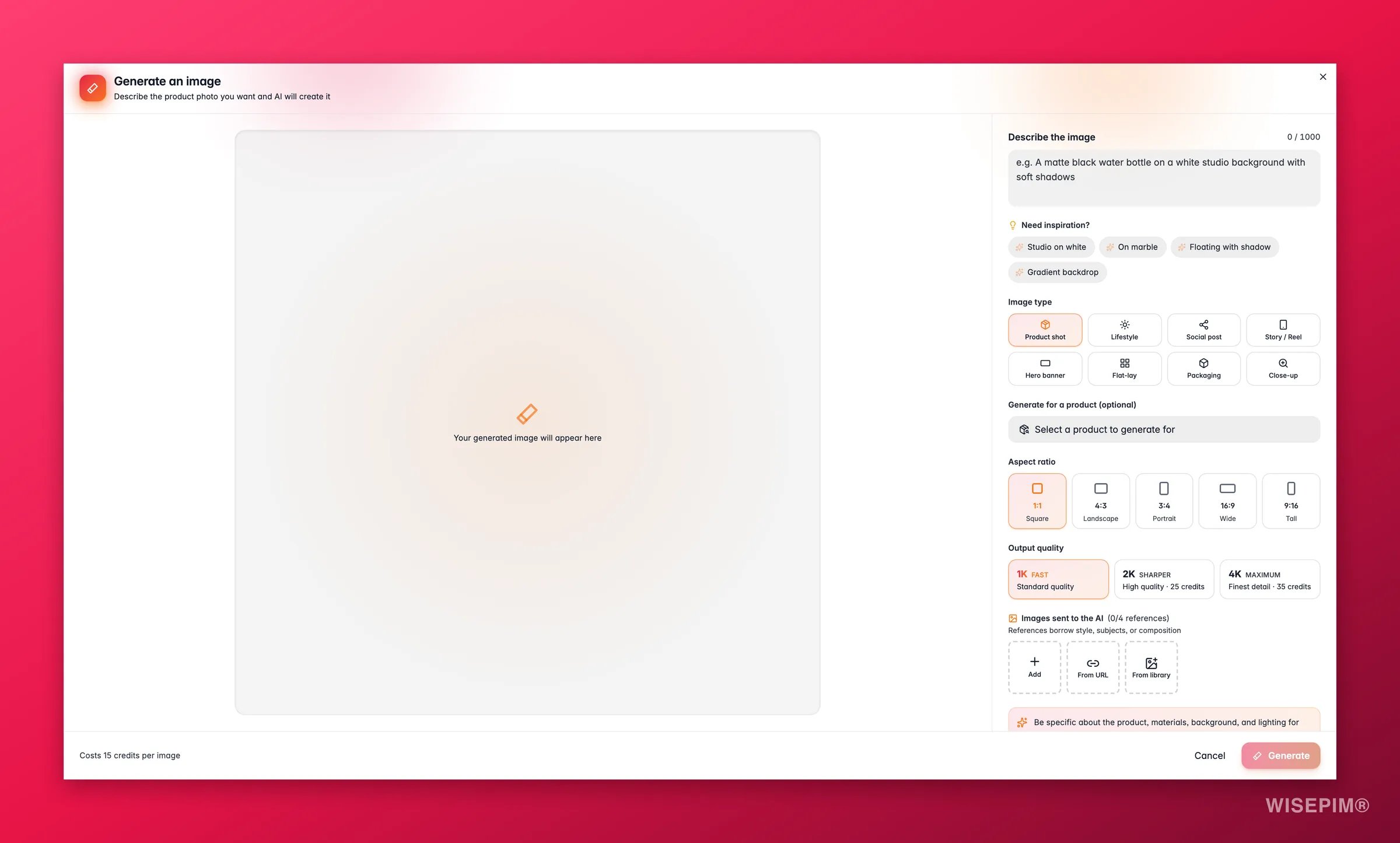 Generating a product image from scratch with AI in WISEPIM, text prompt, aspect ratio and output quality