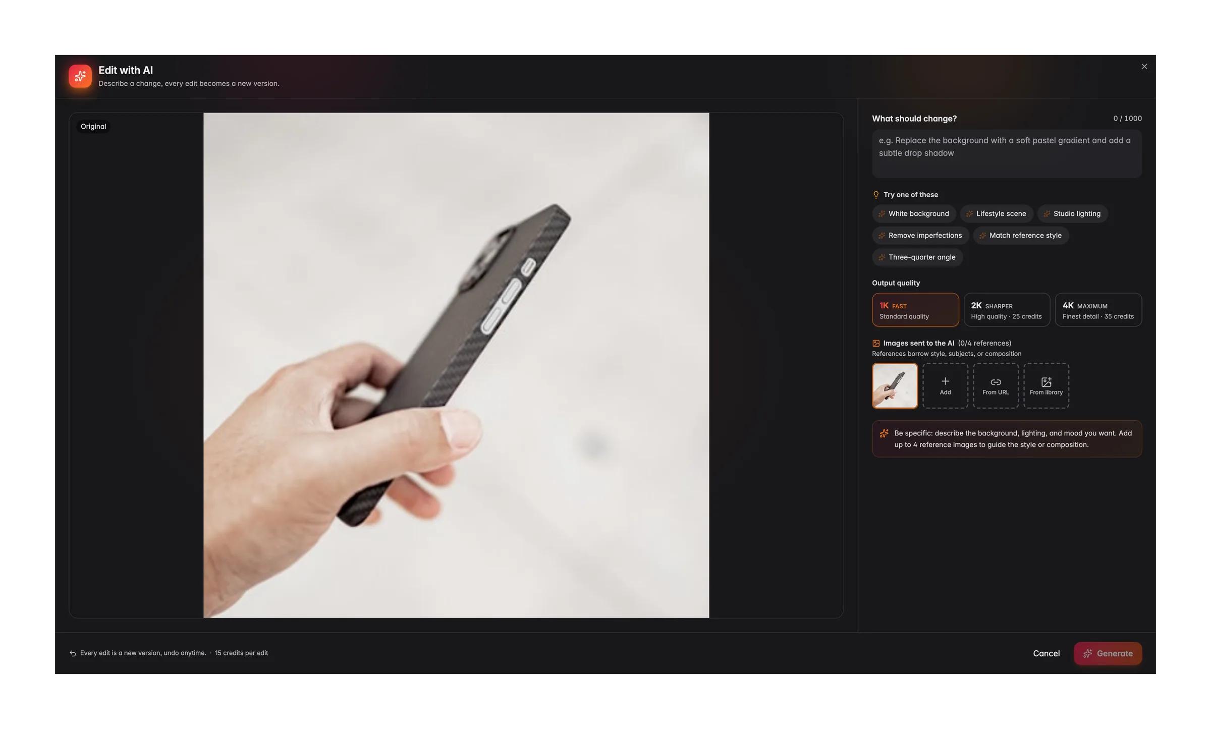 Editing a product image with AI in WISEPIM, with prompt, reference images and output quality