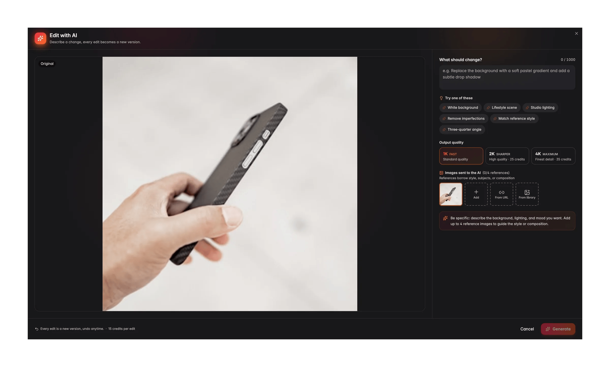 Editing a product image with AI in WISEPIM, with prompt, reference images and output quality