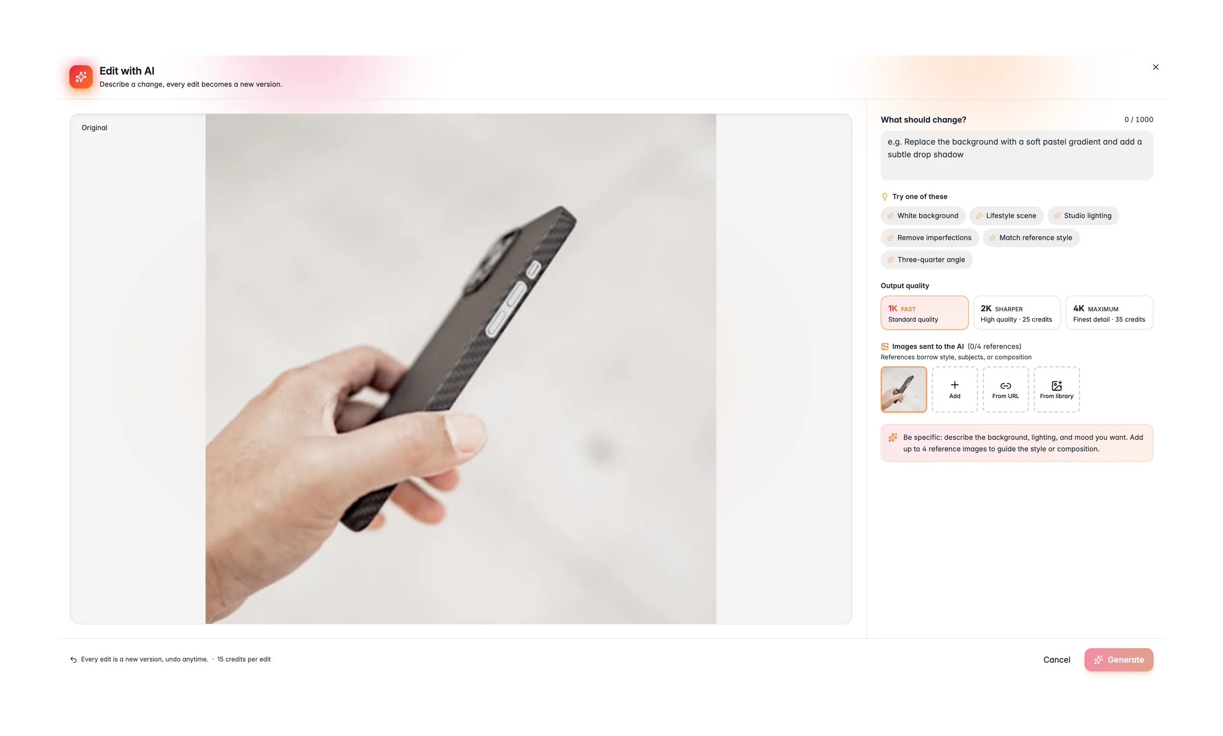 Editing a product image with AI in WISEPIM, with prompt, reference images and output quality