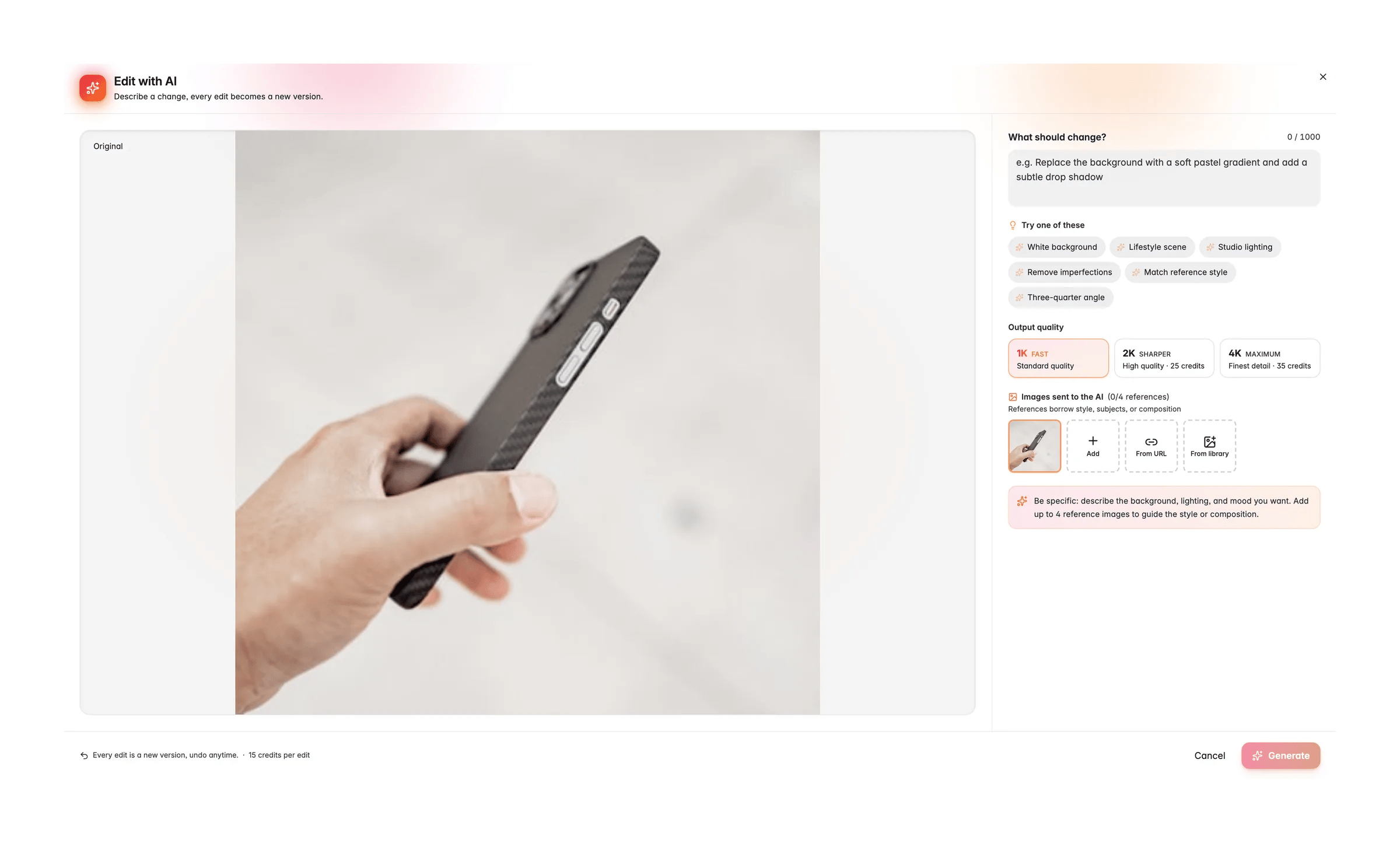 Editing a product image with AI in WISEPIM, with prompt, reference images and output quality