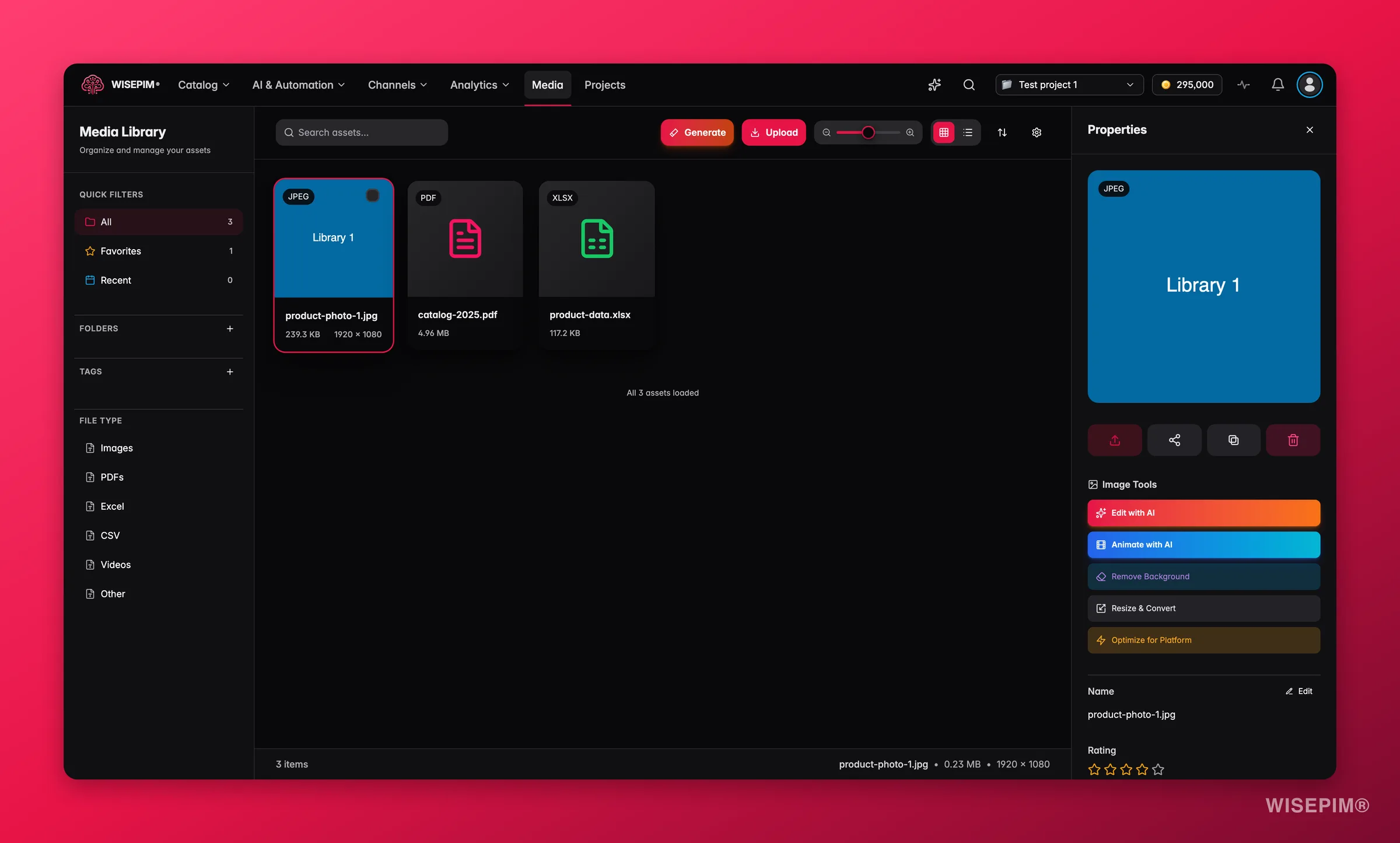 WISEPIM media asset detail panel with AI image tools, variants, tags and linked products