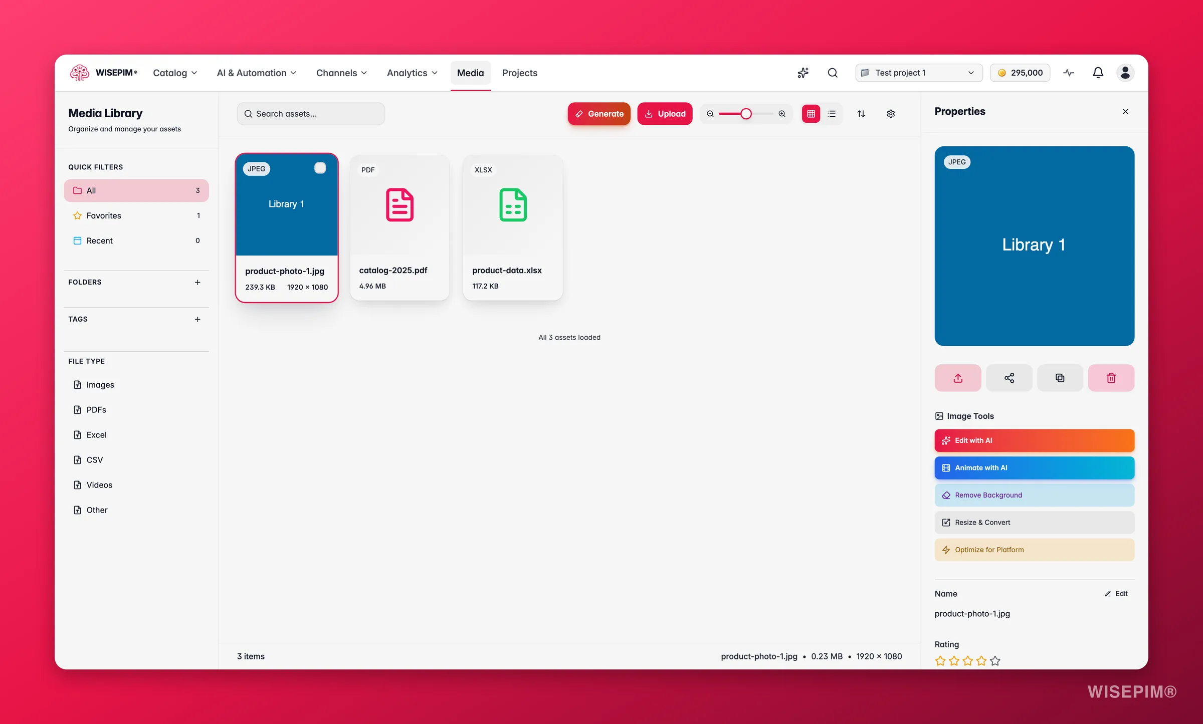 WISEPIM media asset detail panel with AI image tools, variants, tags and linked products