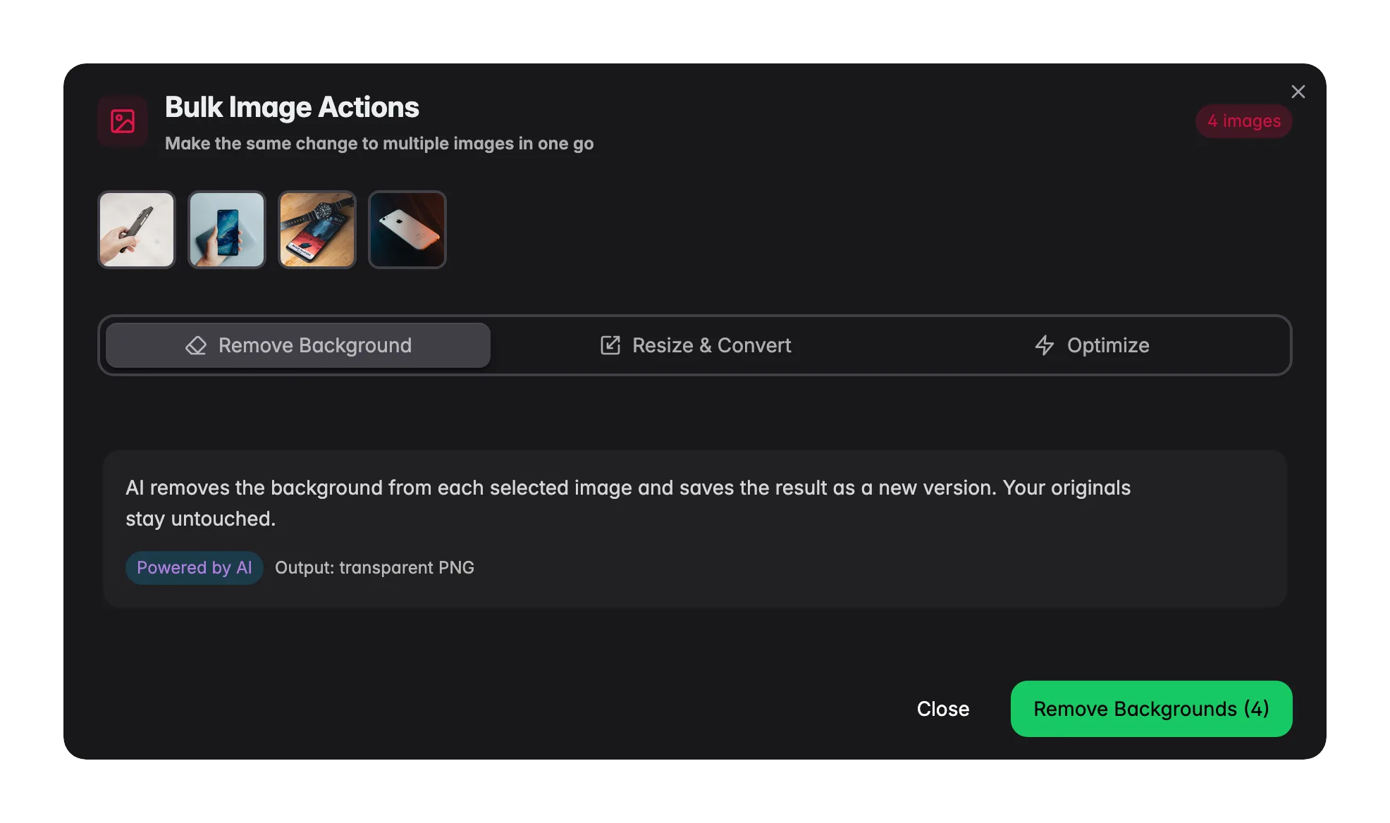 Bulk image tools in WISEPIM, removing backgrounds, resizing and optimizing many product images at once