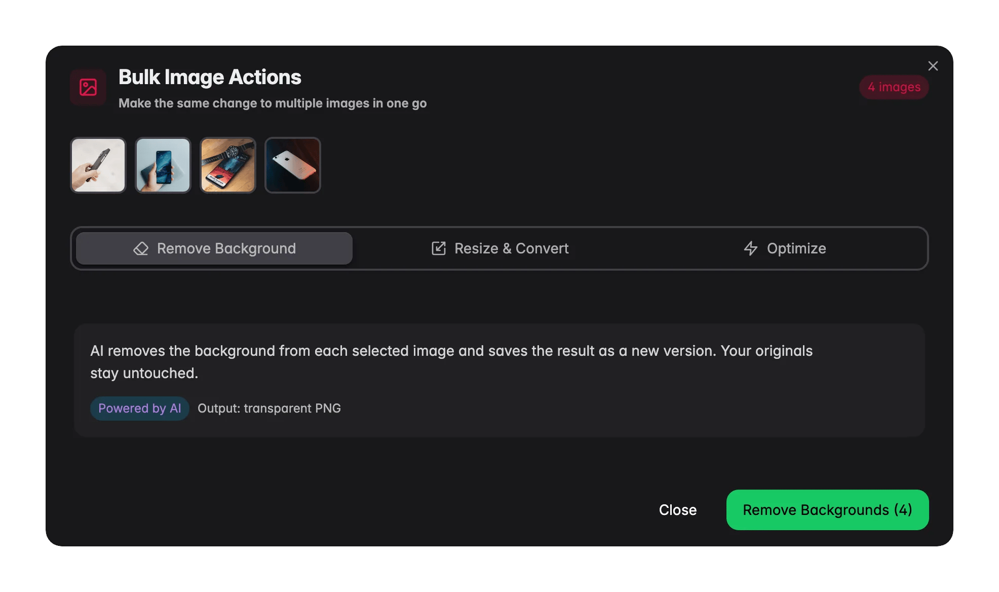 Bulk image tools in WISEPIM, removing backgrounds, resizing and optimizing many product images at once