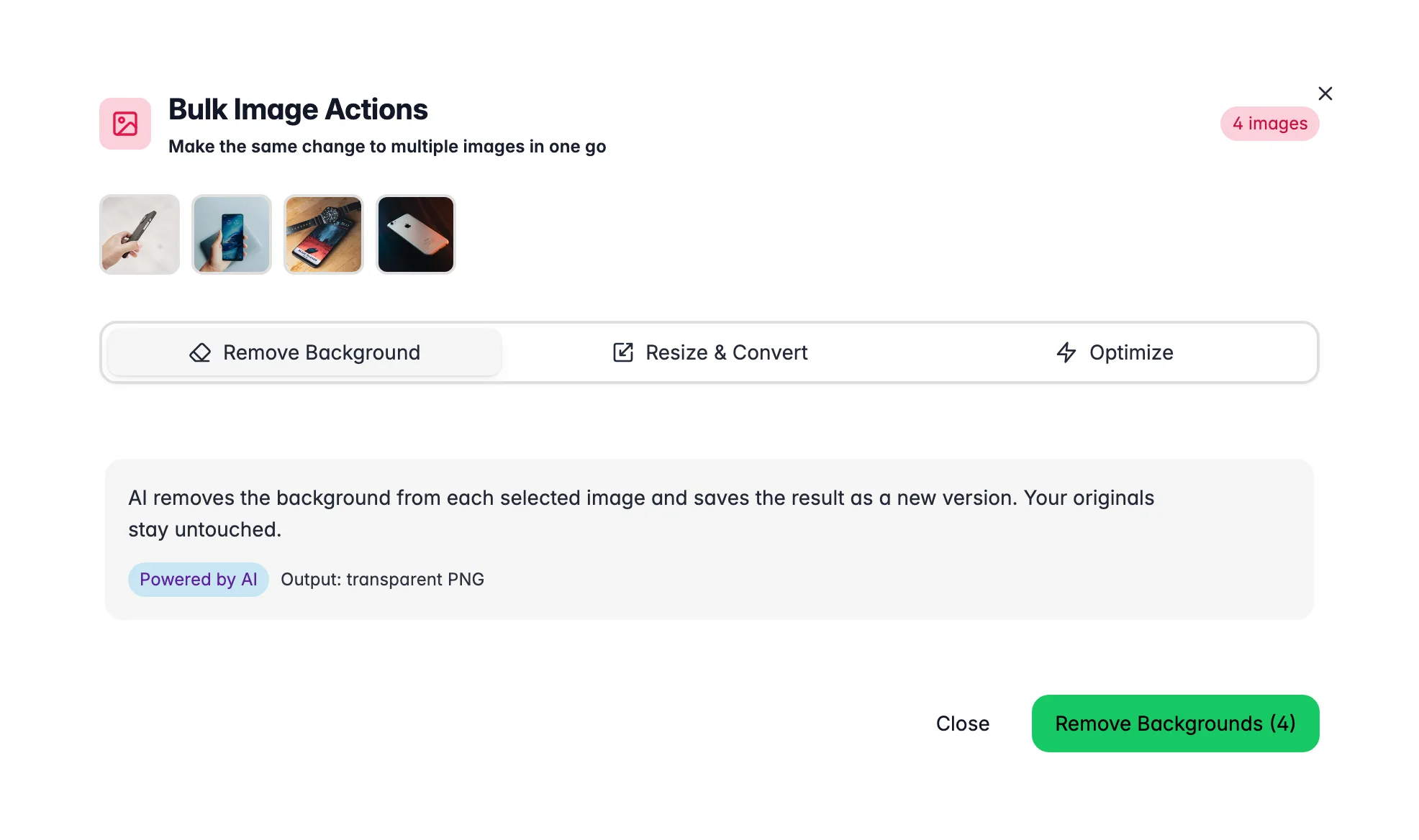 Bulk image tools in WISEPIM, removing backgrounds, resizing and optimizing many product images at once
