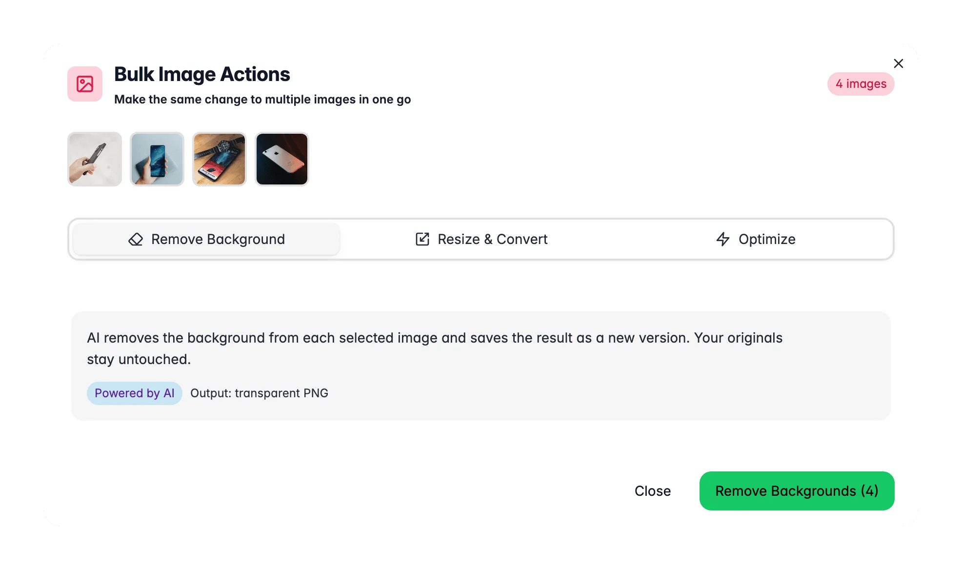 Bulk image tools in WISEPIM, removing backgrounds, resizing and optimizing many product images at once