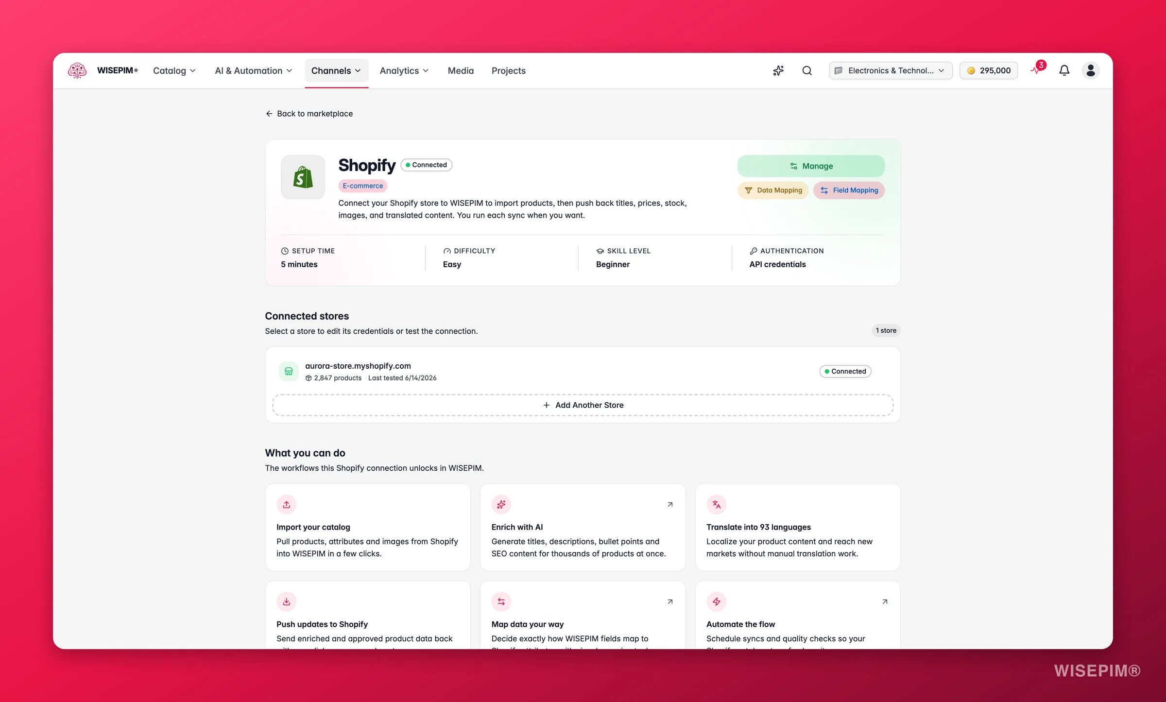 WISEPIM app marketplace detail page for the Shopify integration with capabilities, setup info and connected stores