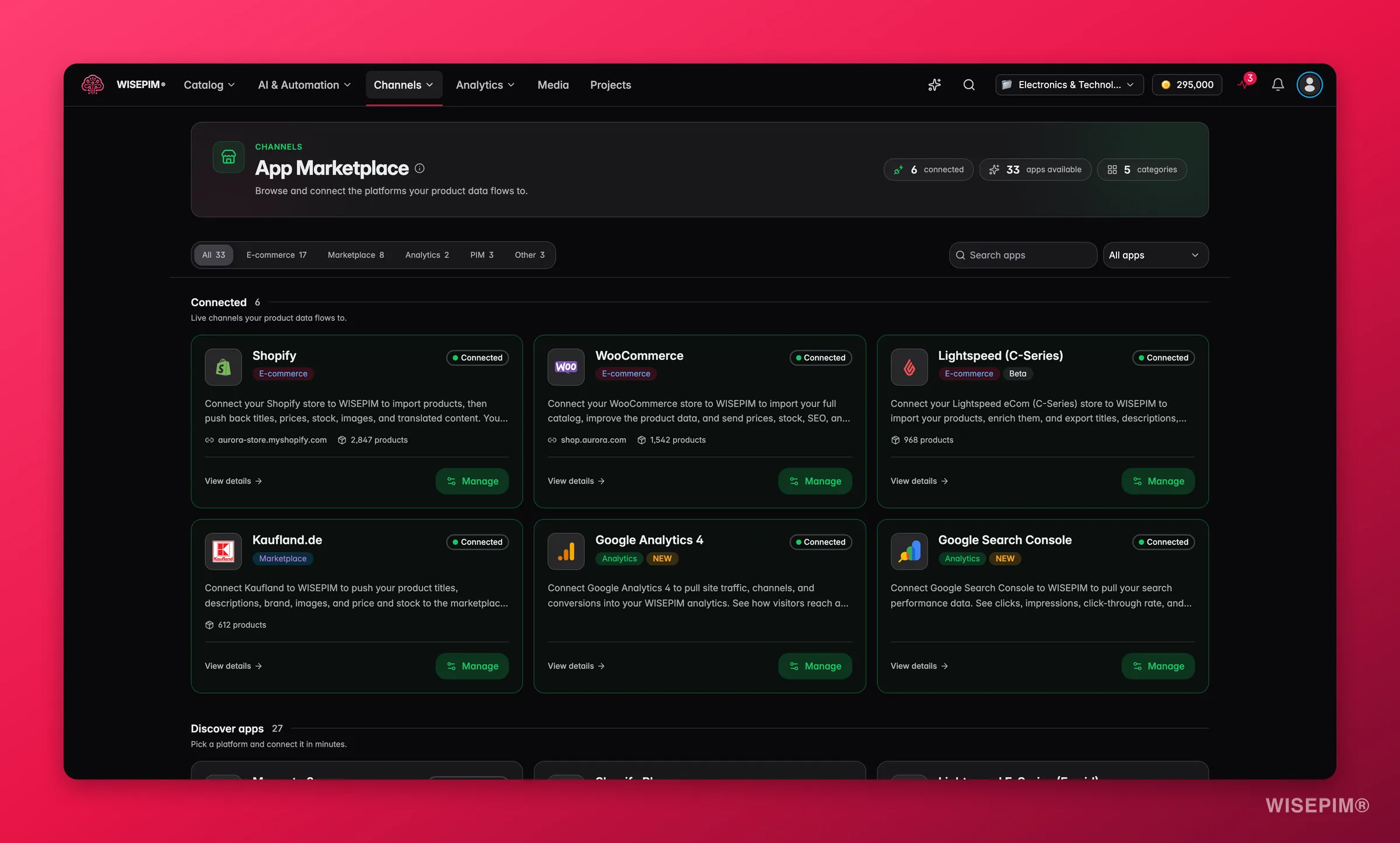 WISEPIM App Marketplace mit Suche und Kategoriefiltern für Shopify, Amazon, WooCommerce und mehr