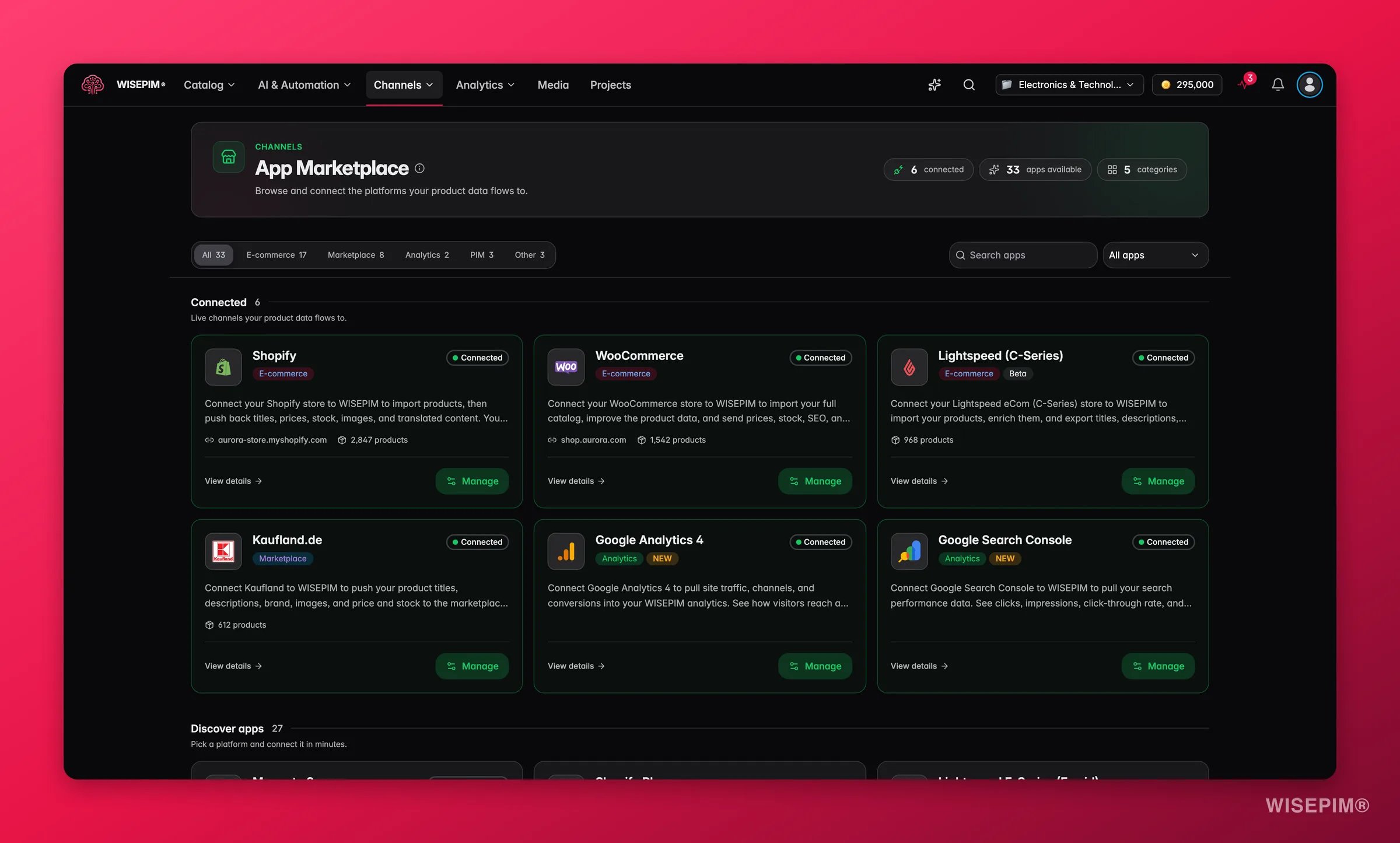 WISEPIM App Marketplace mit Suche und Kategoriefiltern für Shopify, Amazon, WooCommerce und mehr