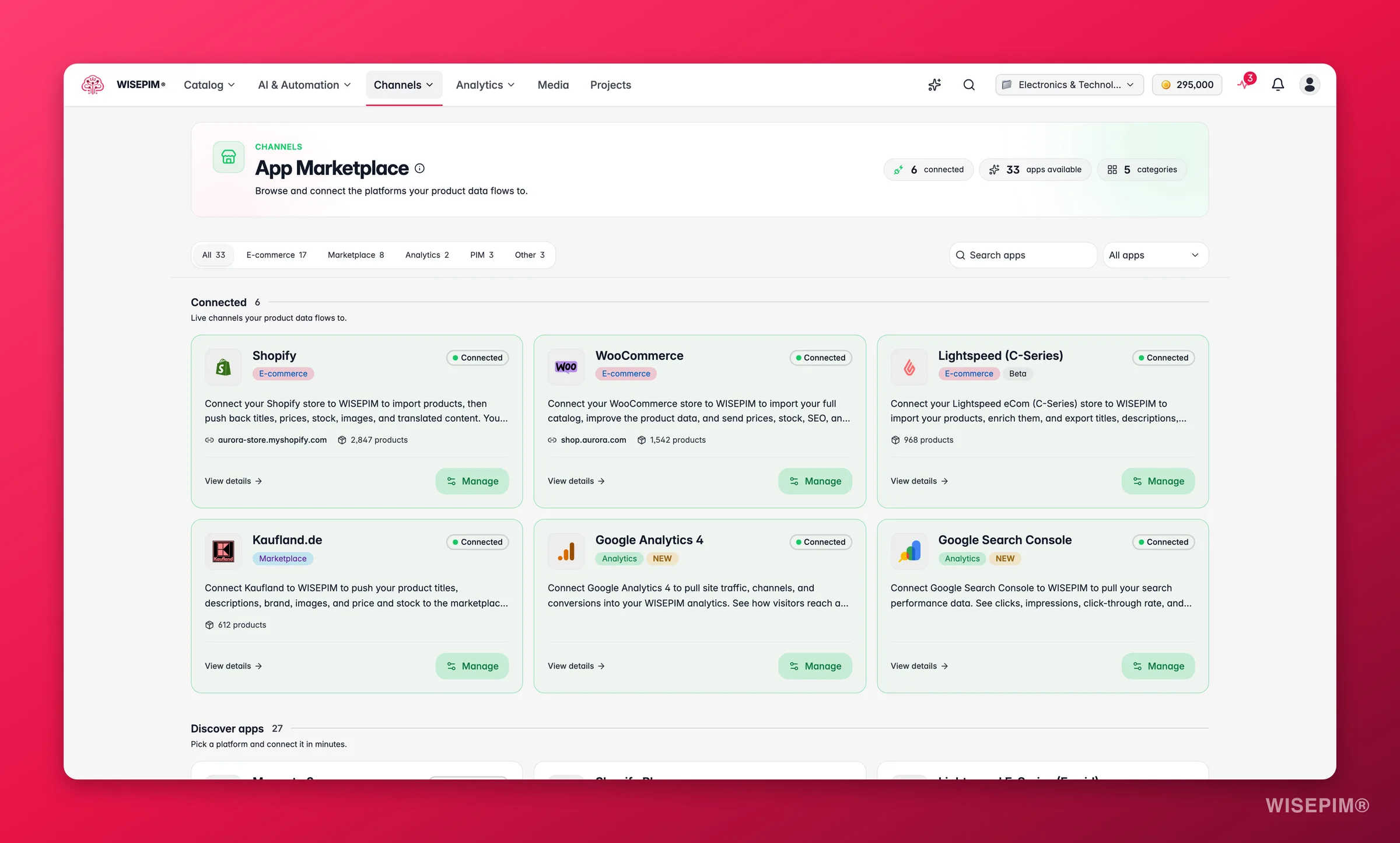 WISEPIM App Marketplace mit Suche und Kategoriefiltern für Shopify, Amazon, WooCommerce und mehr