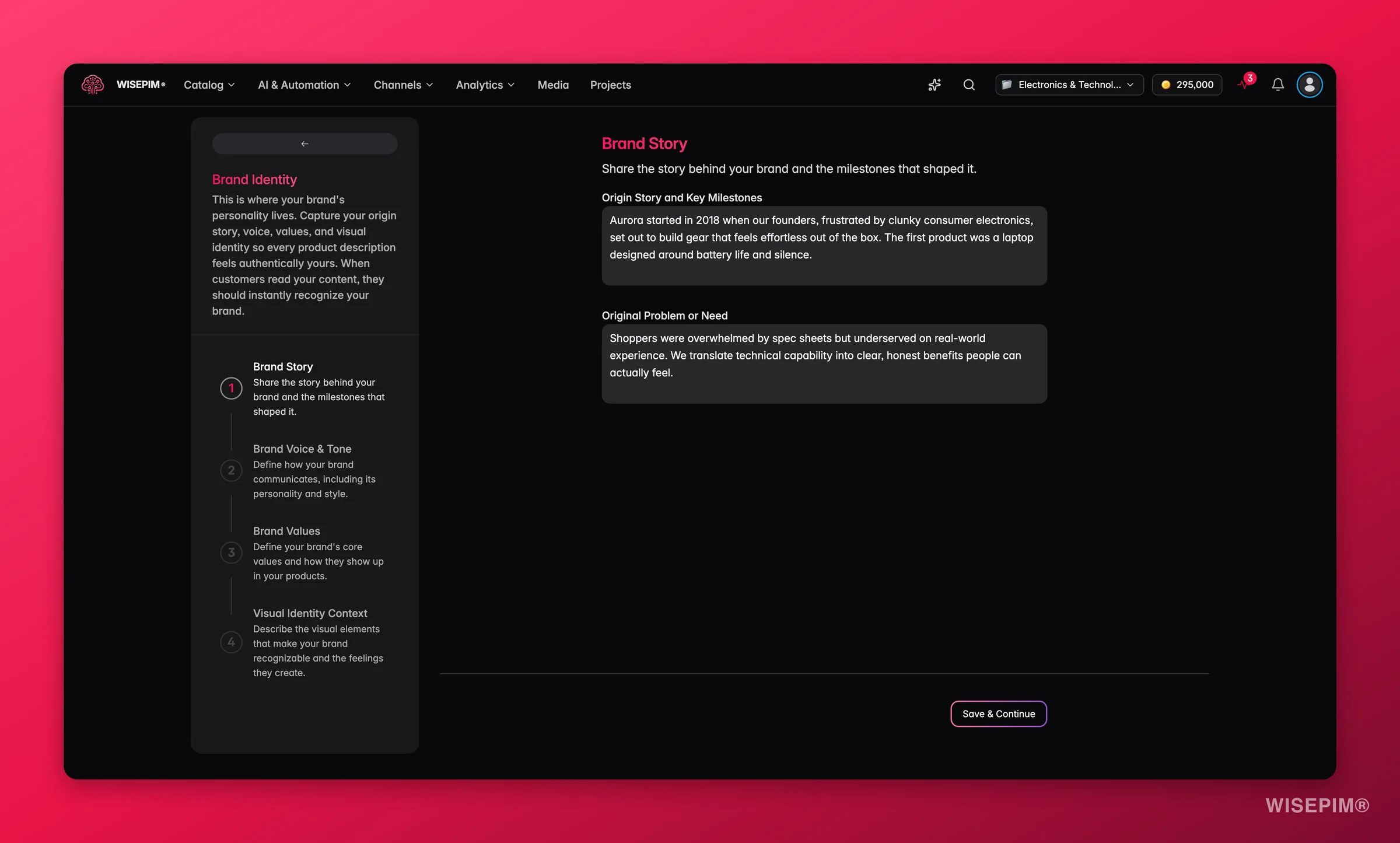 WISEPIM knowledge library brand-identity form capturing brand story, voice and values for grounded AI