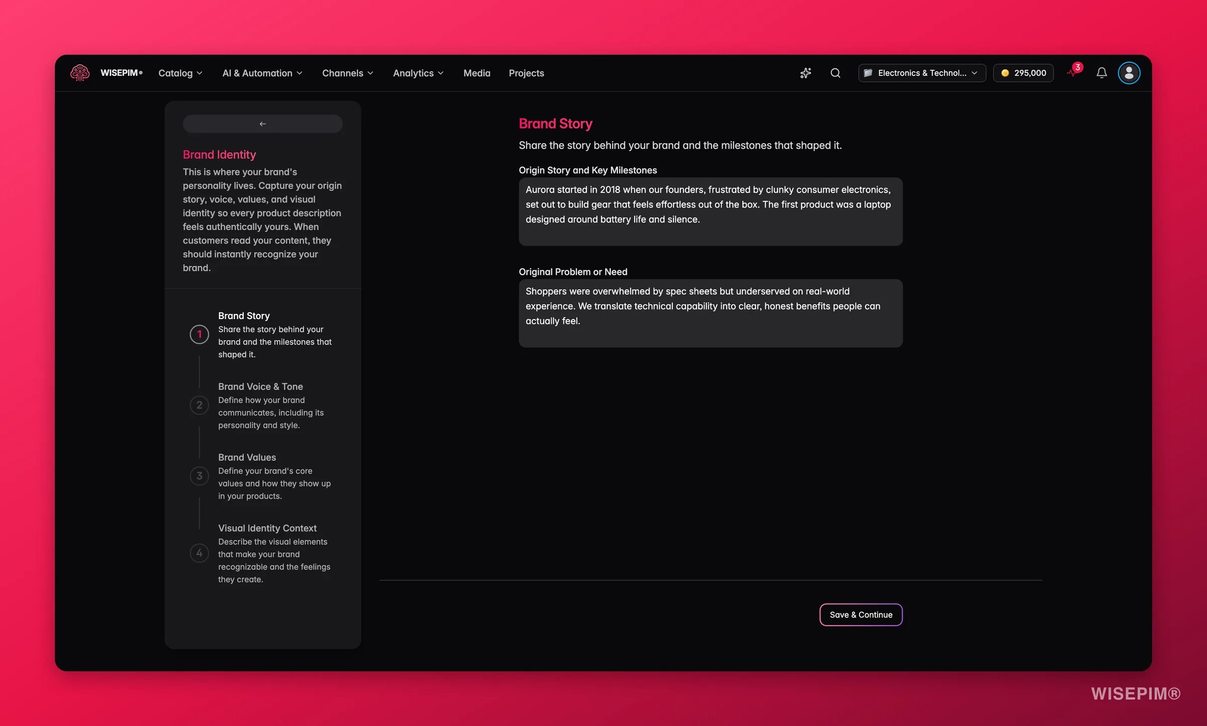 WISEPIM knowledge library brand-identity form capturing brand story, voice and values for grounded AI