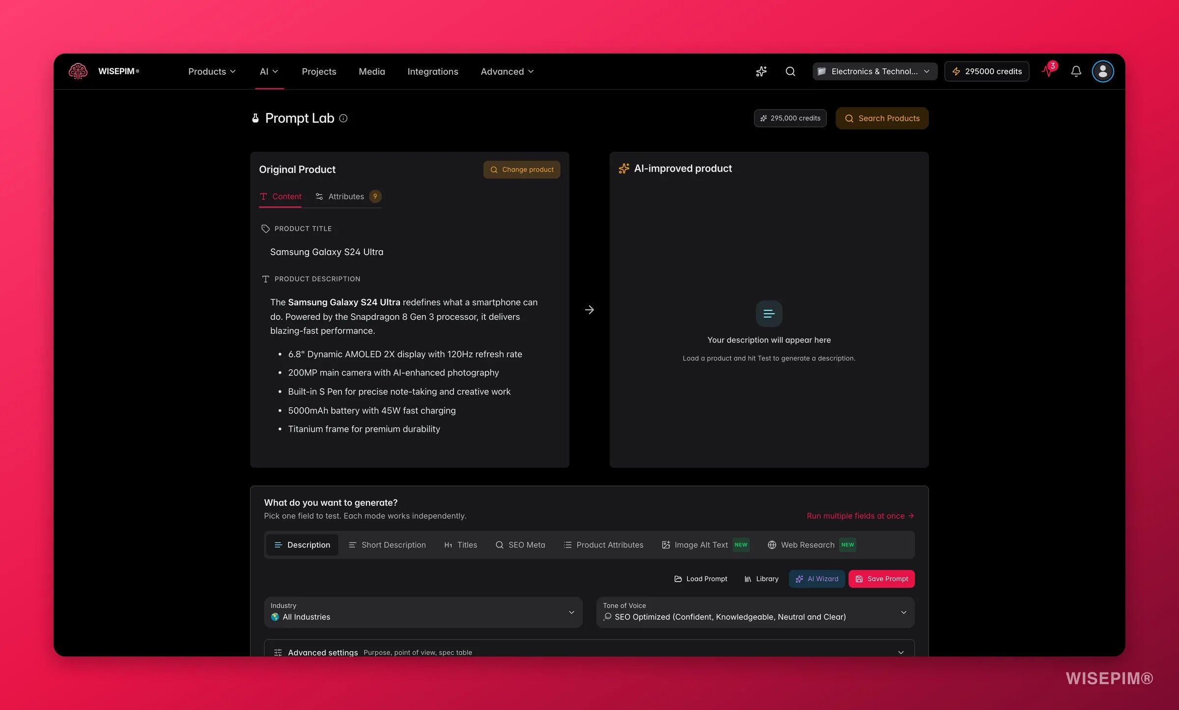 WISEPIM Prompt Lab testing a prompt on a real product with original and AI output side by side