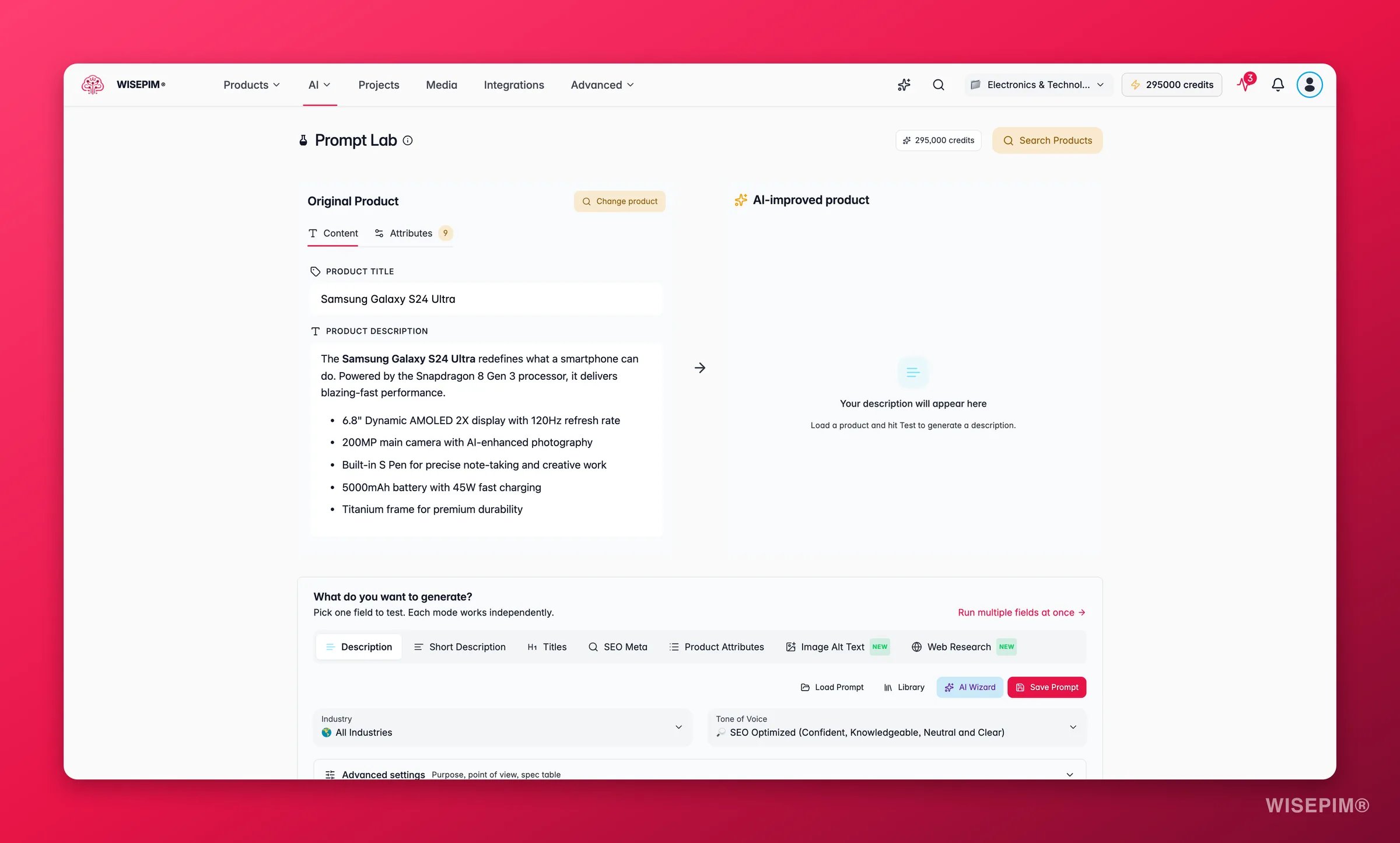WISEPIM Prompt Lab testing a prompt on a real product with original and AI output side by side