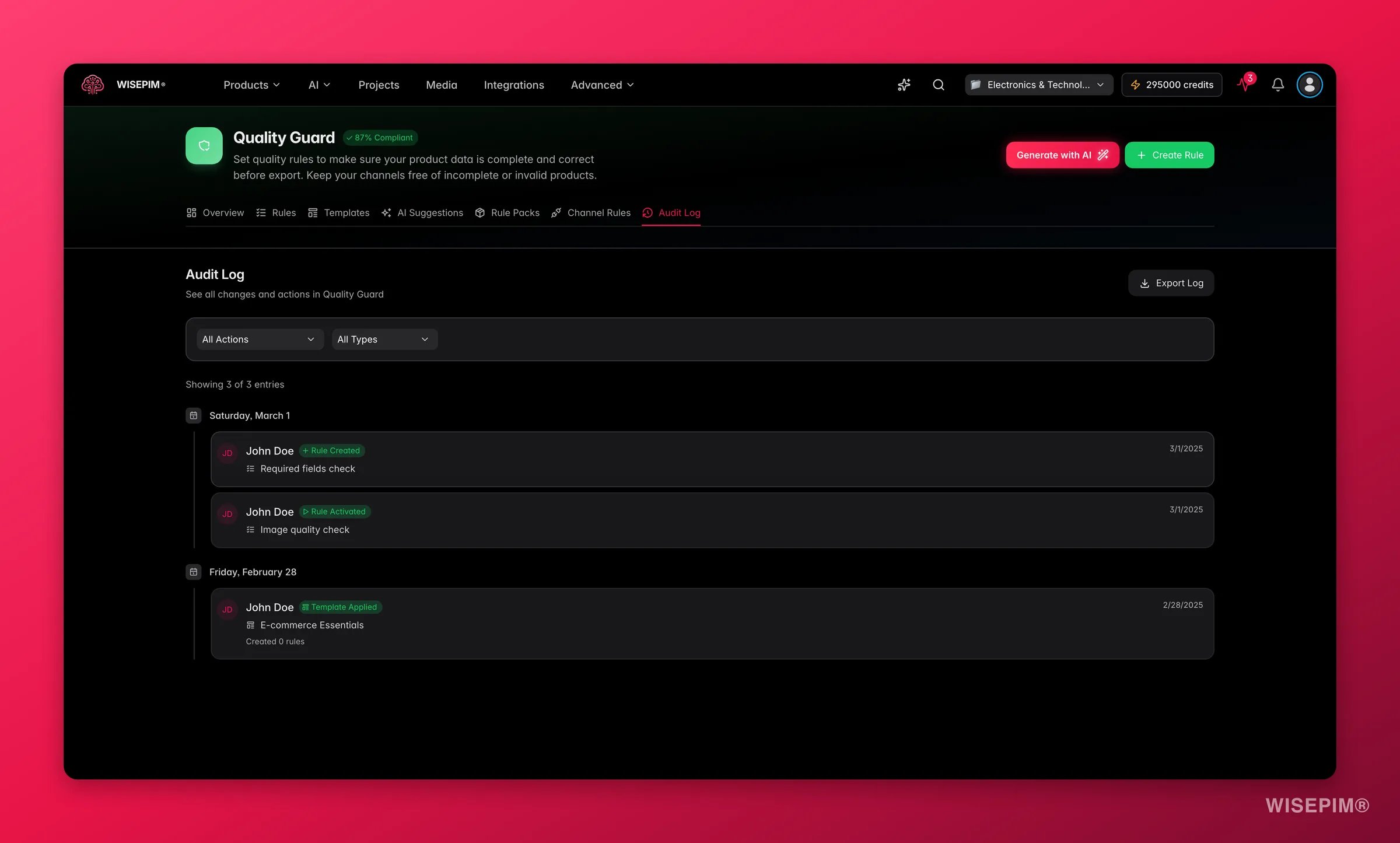 WISEPIM Quality Guard audit log, a timeline of rule, template and compliance events