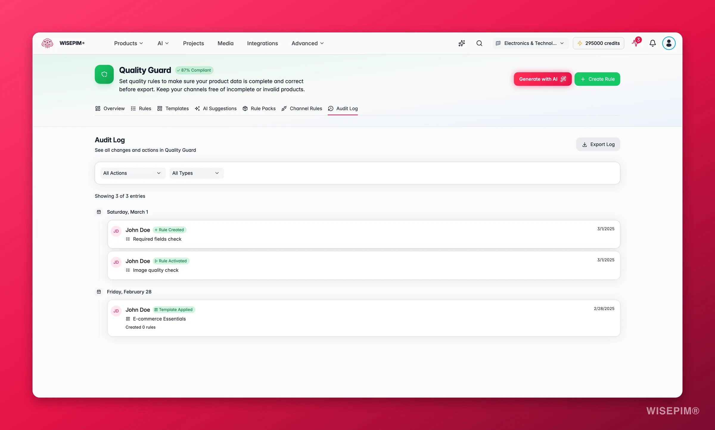 WISEPIM Quality Guard audit log, a timeline of rule, template and compliance events