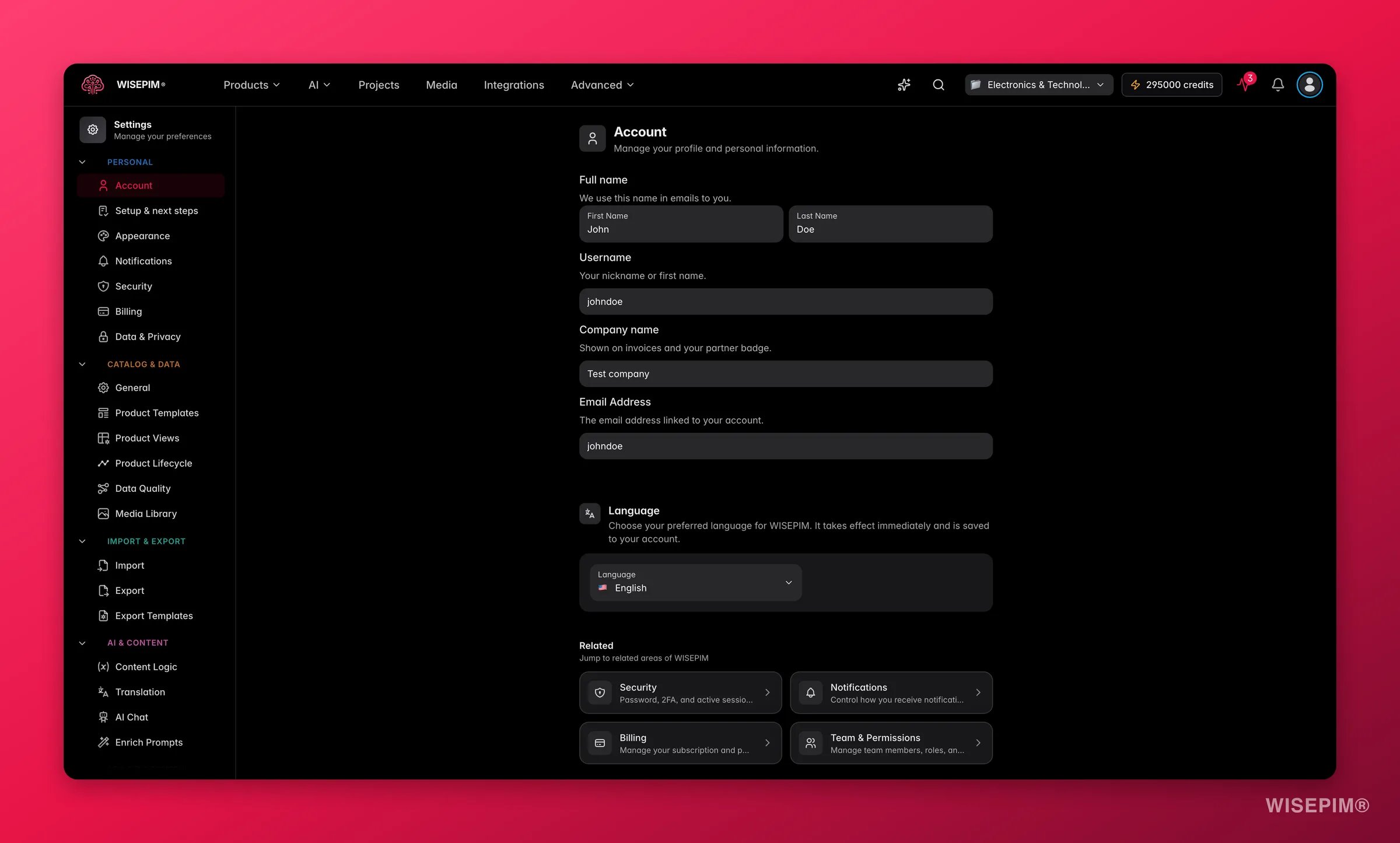 WISEPIM account settings with profile, language and security