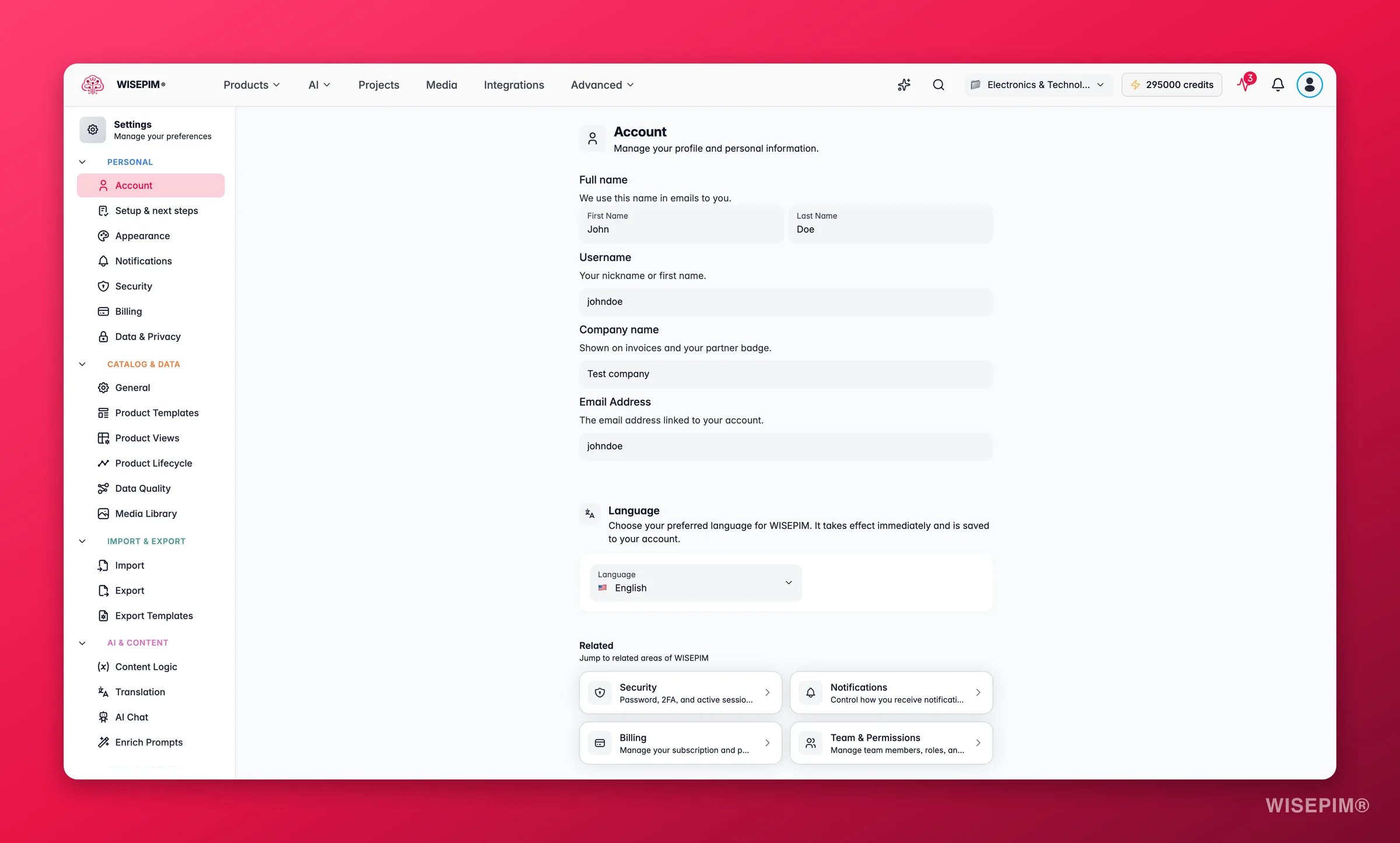 WISEPIM account settings with profile, language and security