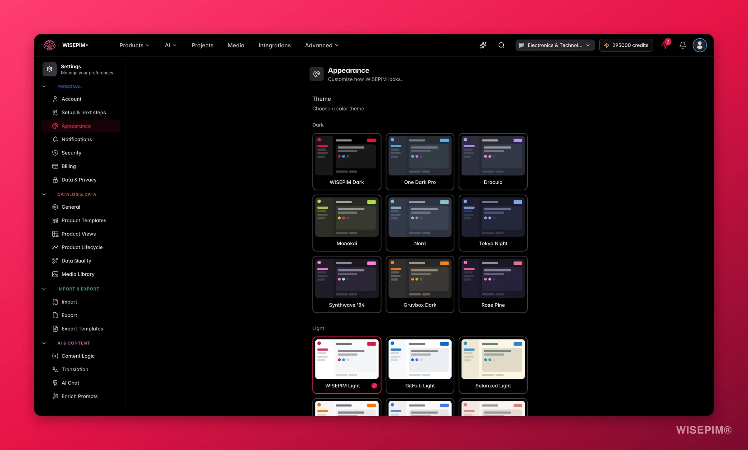 WISEPIM appearance settings with theme and density controls