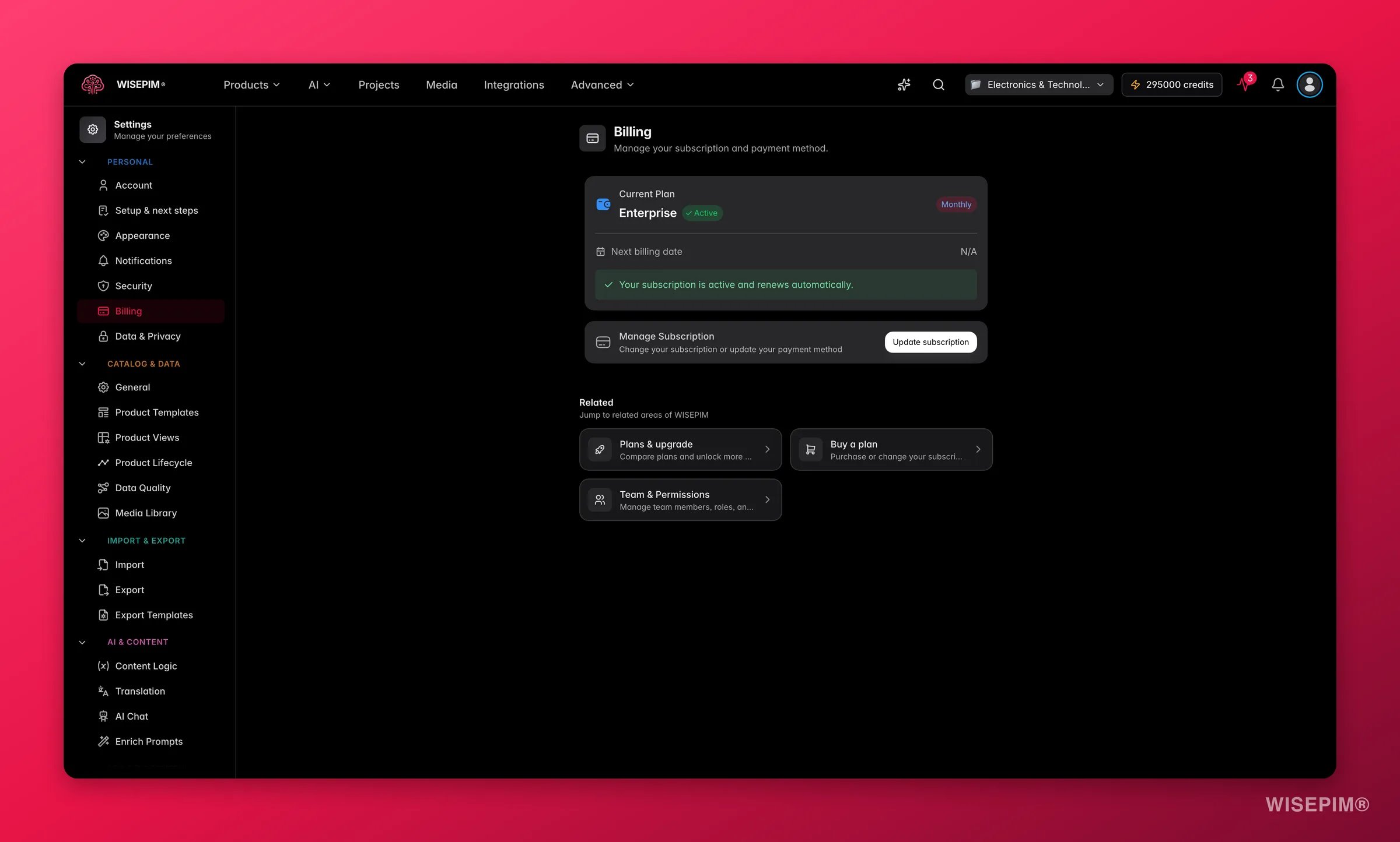 WISEPIM billing, plan and credit usage