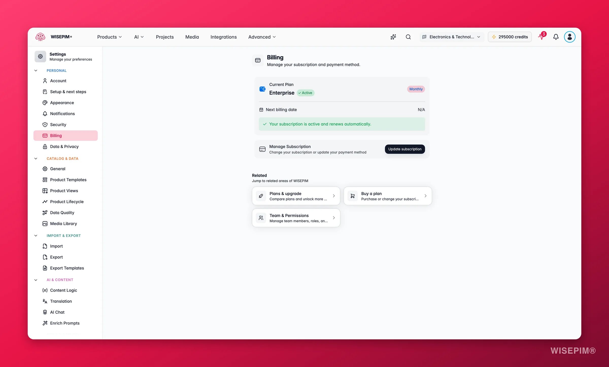 WISEPIM billing, plan and credit usage