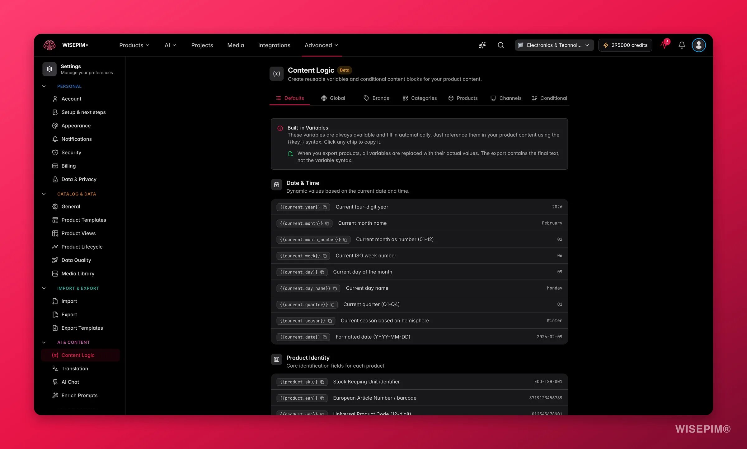 WISEPIM content logic builder with reusable variables, formulas and channel rules