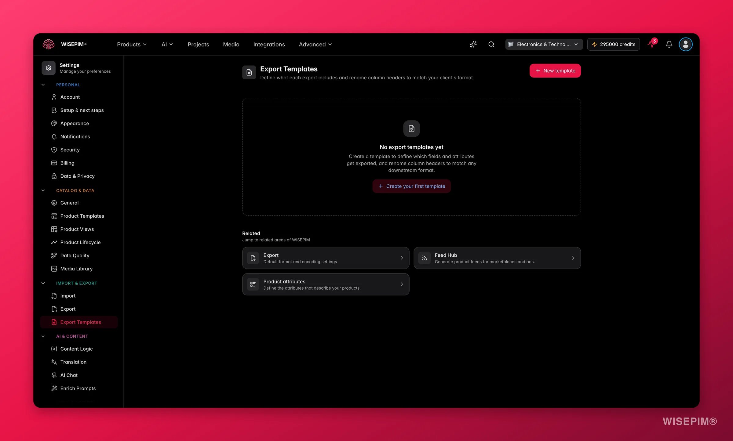 WISEPIM export templates mapping fields per channel