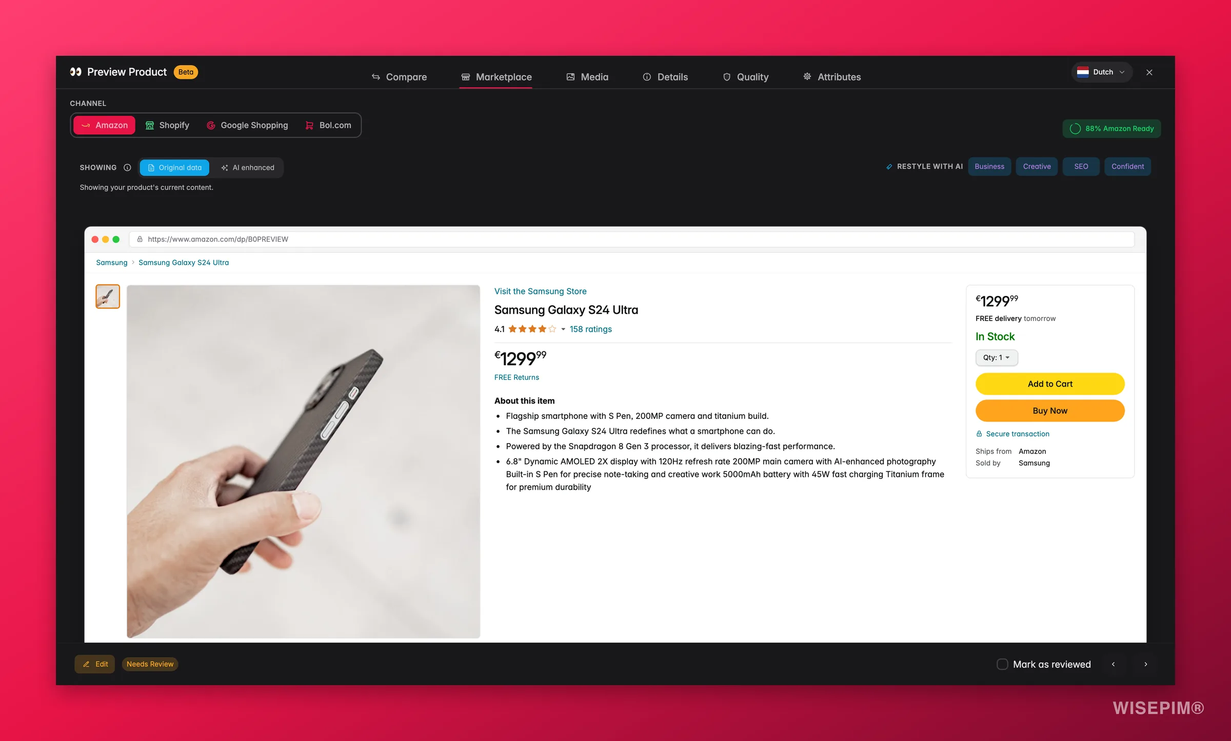 WISEPIM product preview Marketplace tab mirroring the live Amazon listing with a channel-readiness score and Restyle with AI options