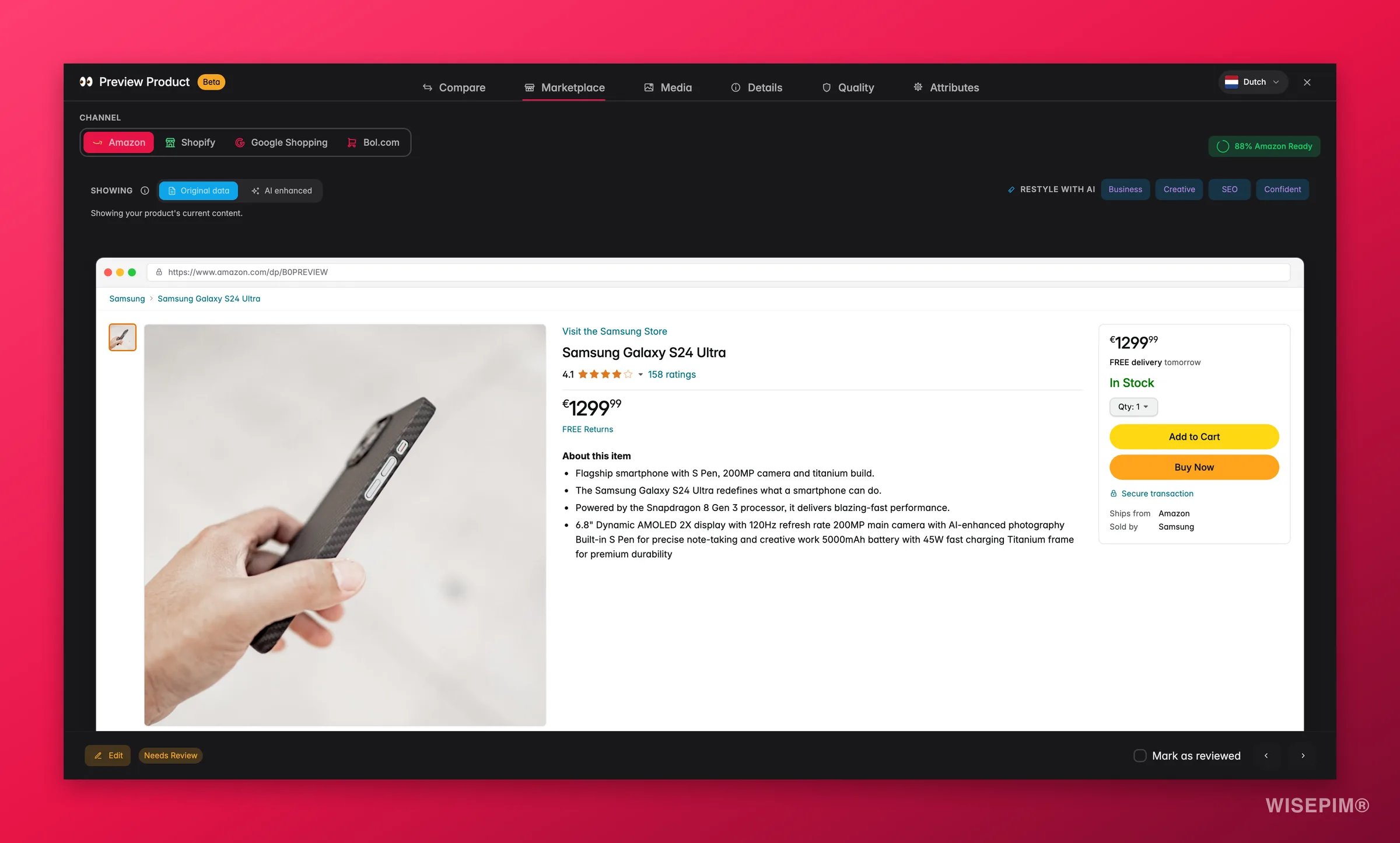 WISEPIM product preview Marketplace tab mirroring the live Amazon listing with a channel-readiness score and Restyle with AI options