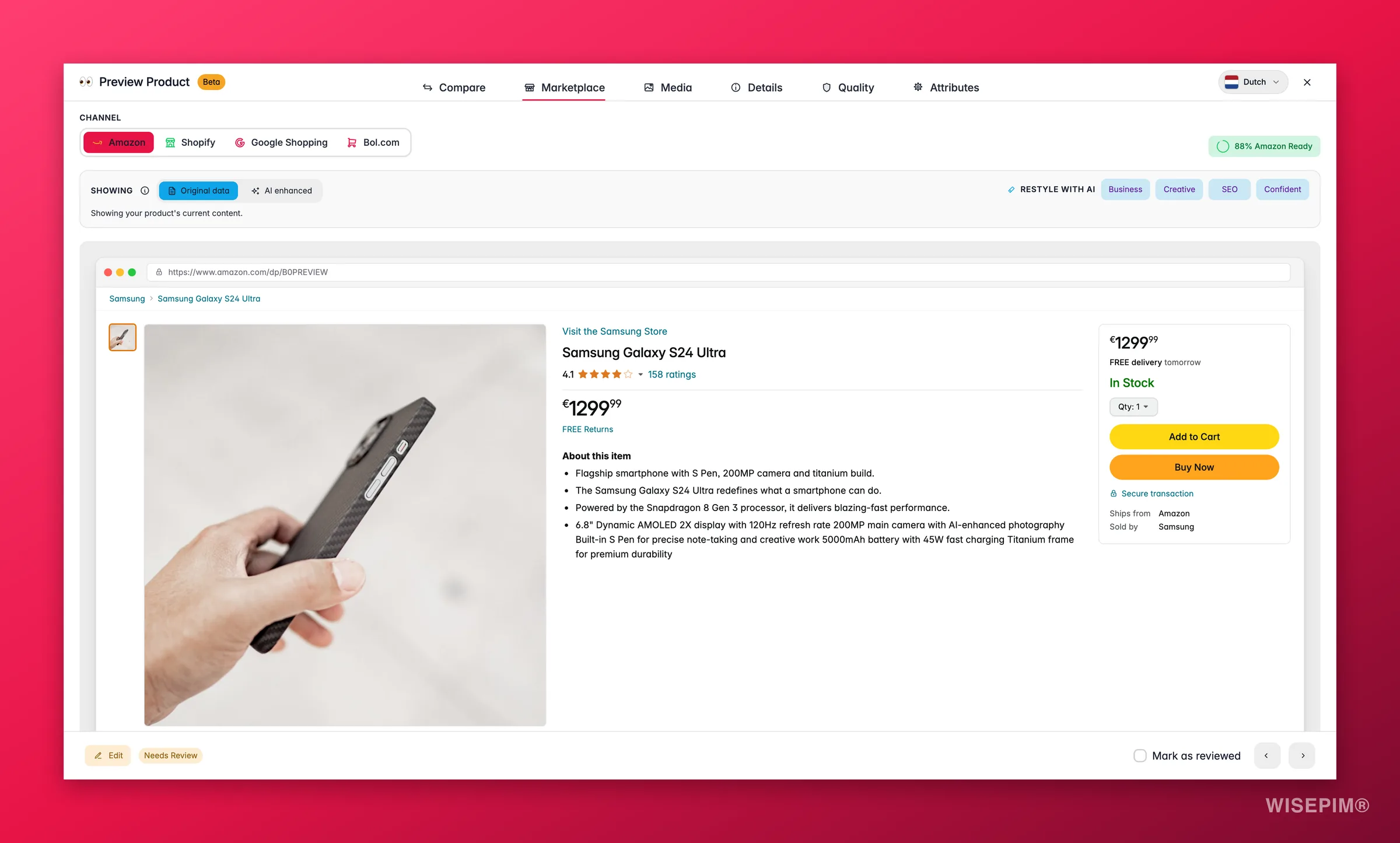 WISEPIM product preview Marketplace tab mirroring the live Amazon listing with a channel-readiness score and Restyle with AI options