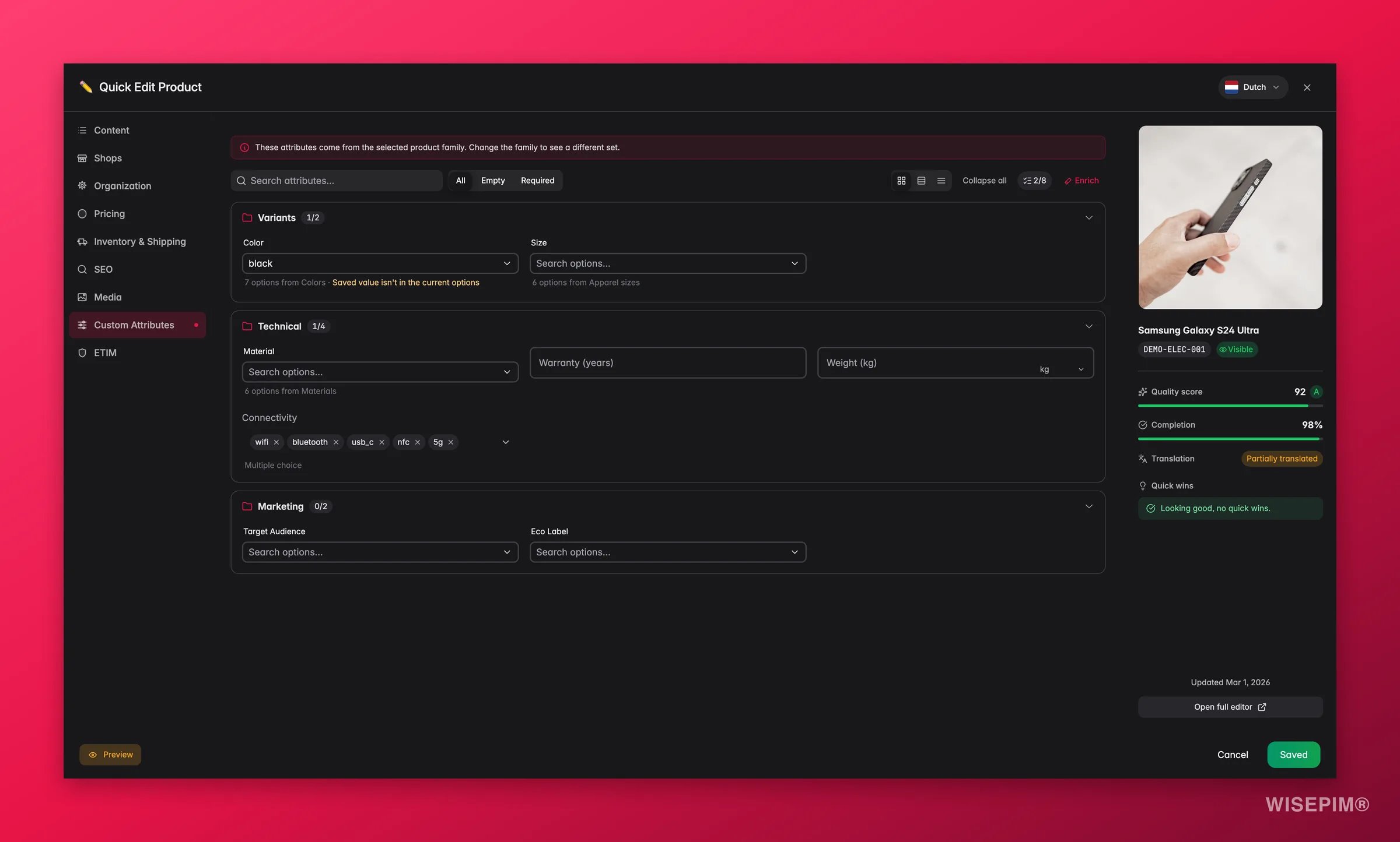 WISEPIM quick-edit Custom Attributes tab with code-set-backed selects, localized options and unit pickers