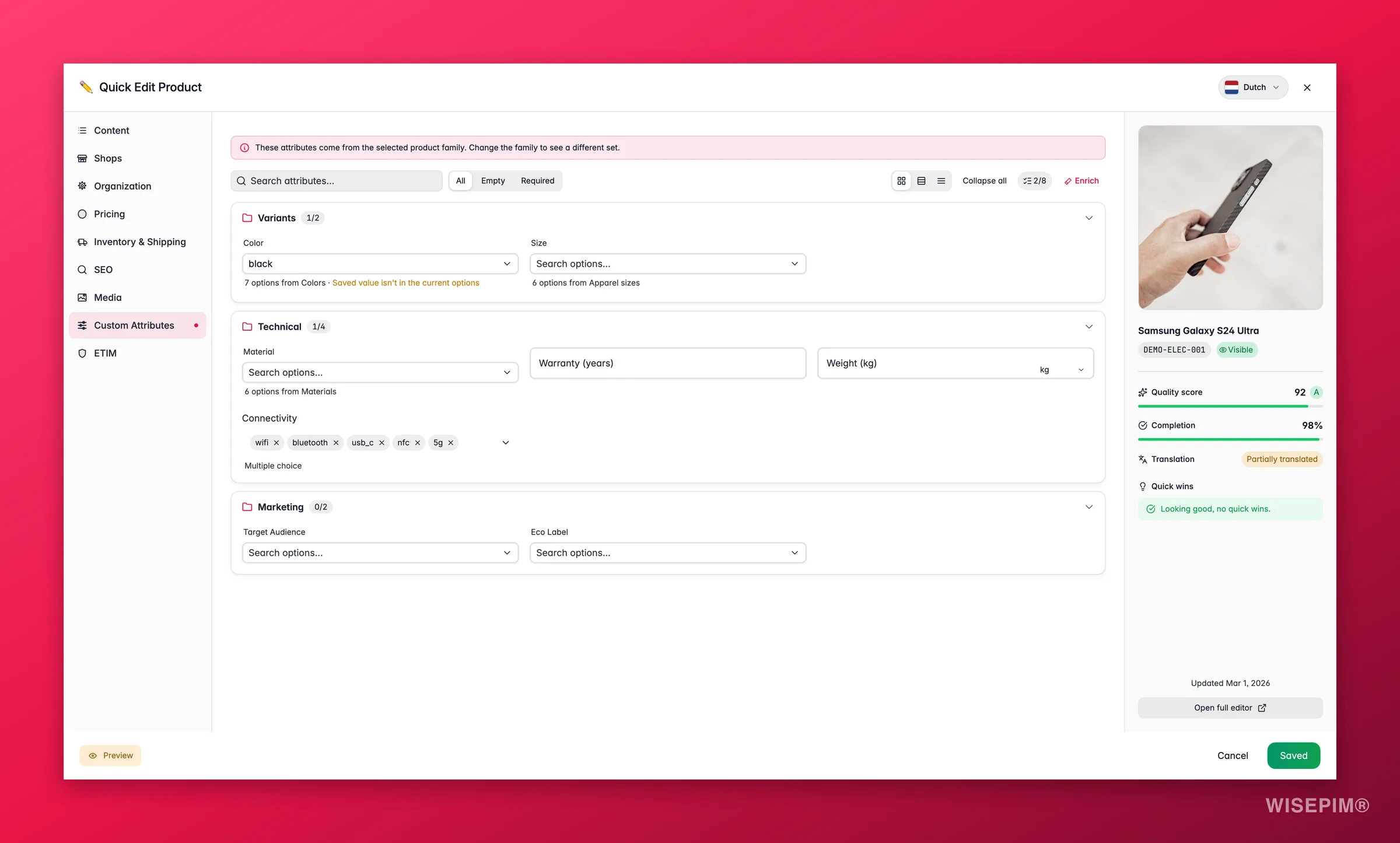 WISEPIM quick-edit Custom Attributes tab with code-set-backed selects, localized options and unit pickers