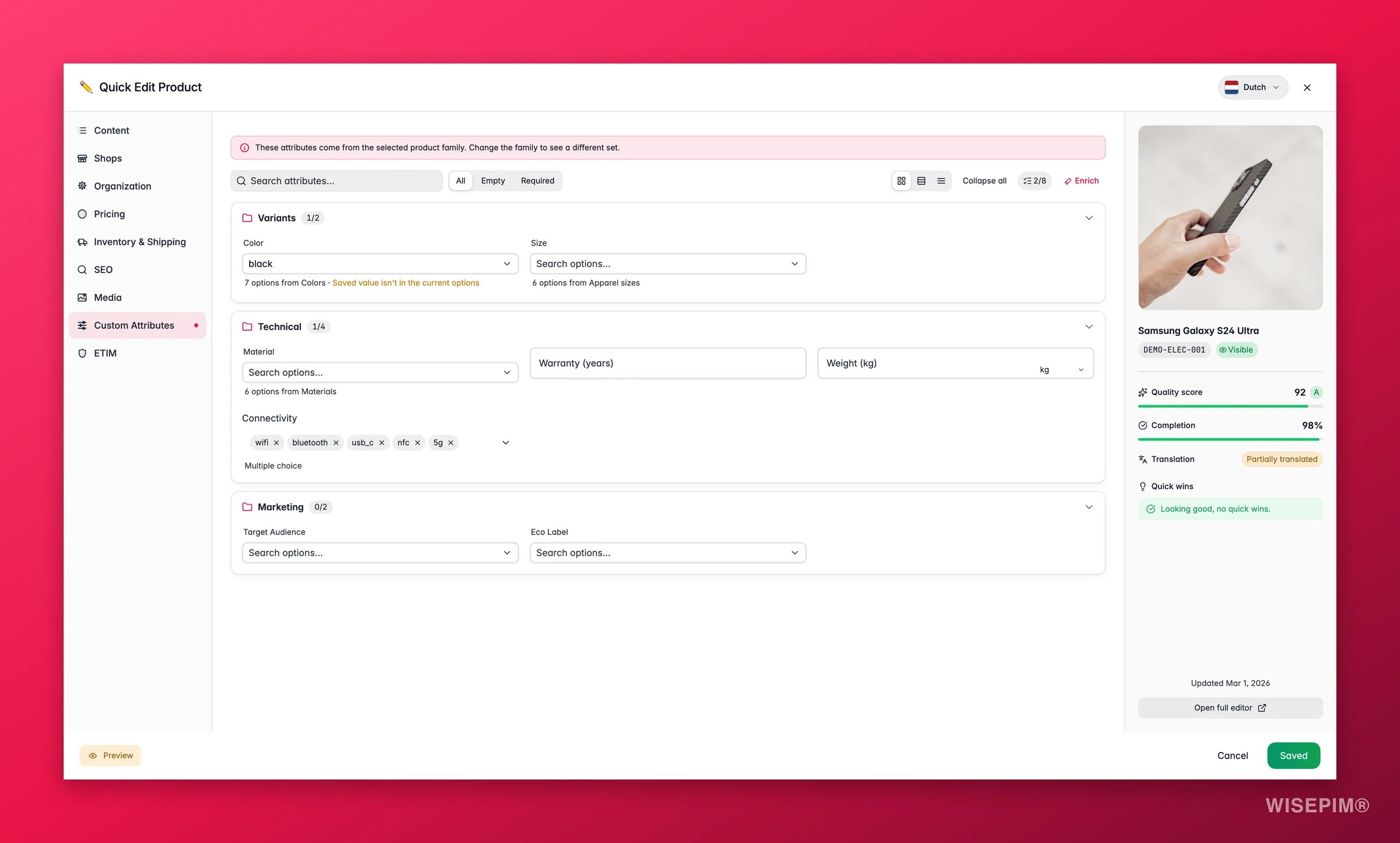 WISEPIM quick-edit Custom Attributes tab with code-set-backed selects, localized options and unit pickers