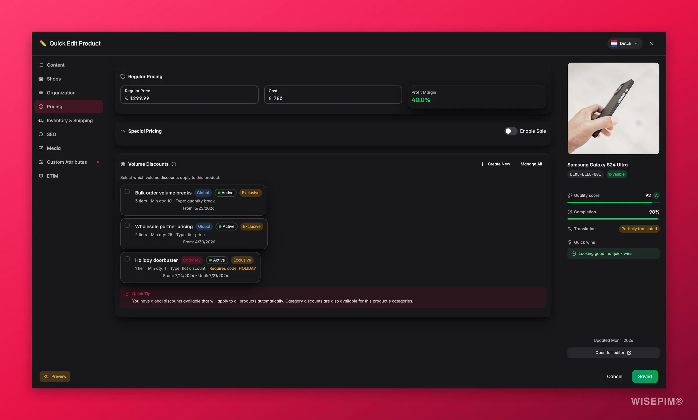WISEPIM quick-edit Pricing tab with live profit margin, sale presets and volume discounts