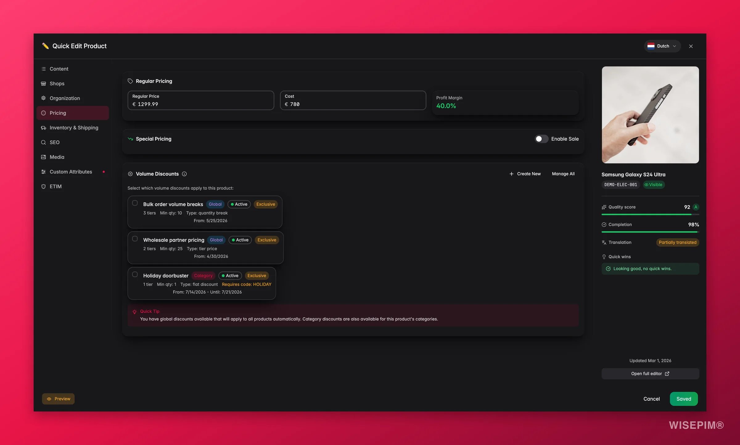 WISEPIM quick-edit Pricing tab with live profit margin, sale presets and volume discounts