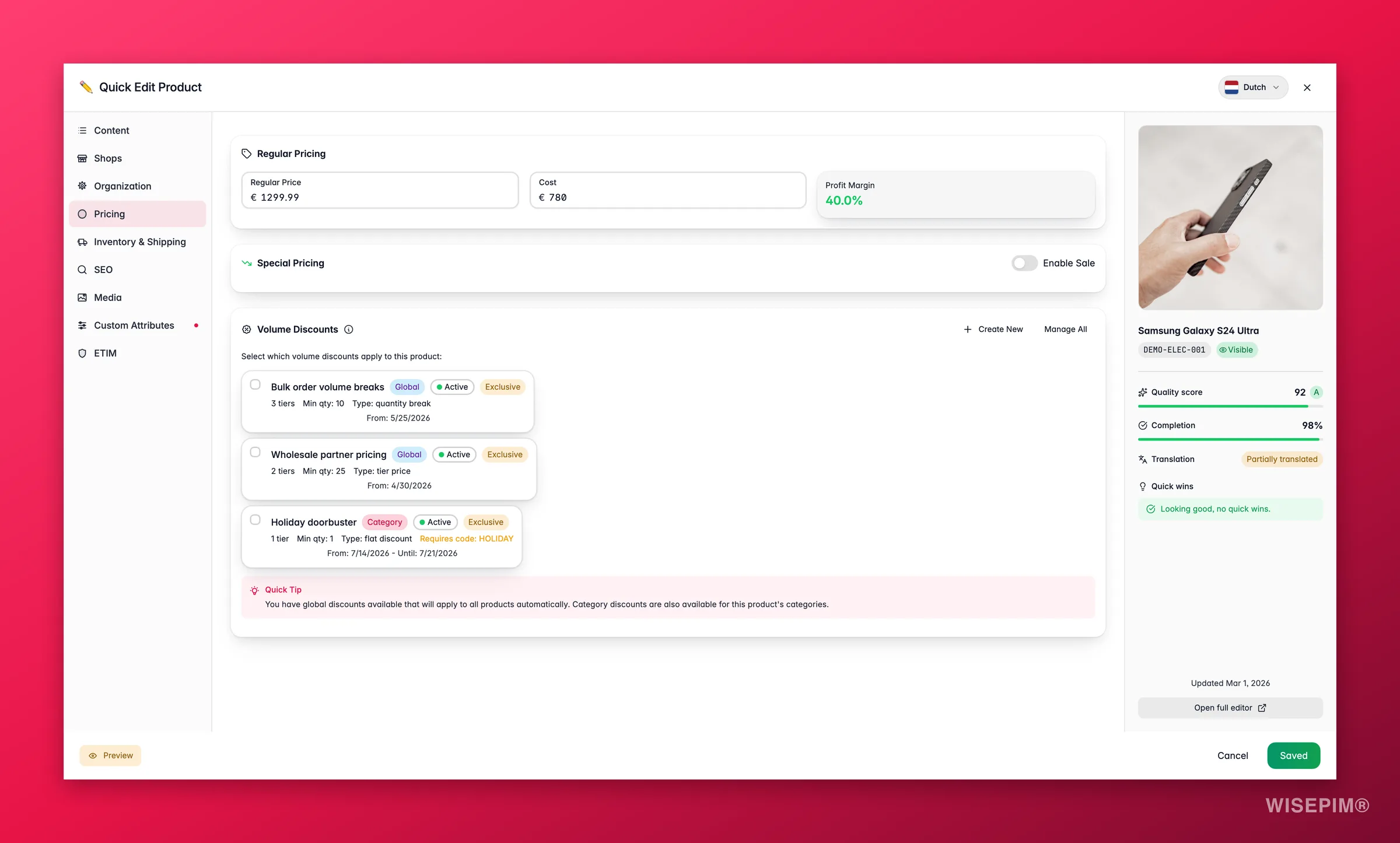 WISEPIM quick-edit Pricing tab with live profit margin, sale presets and volume discounts