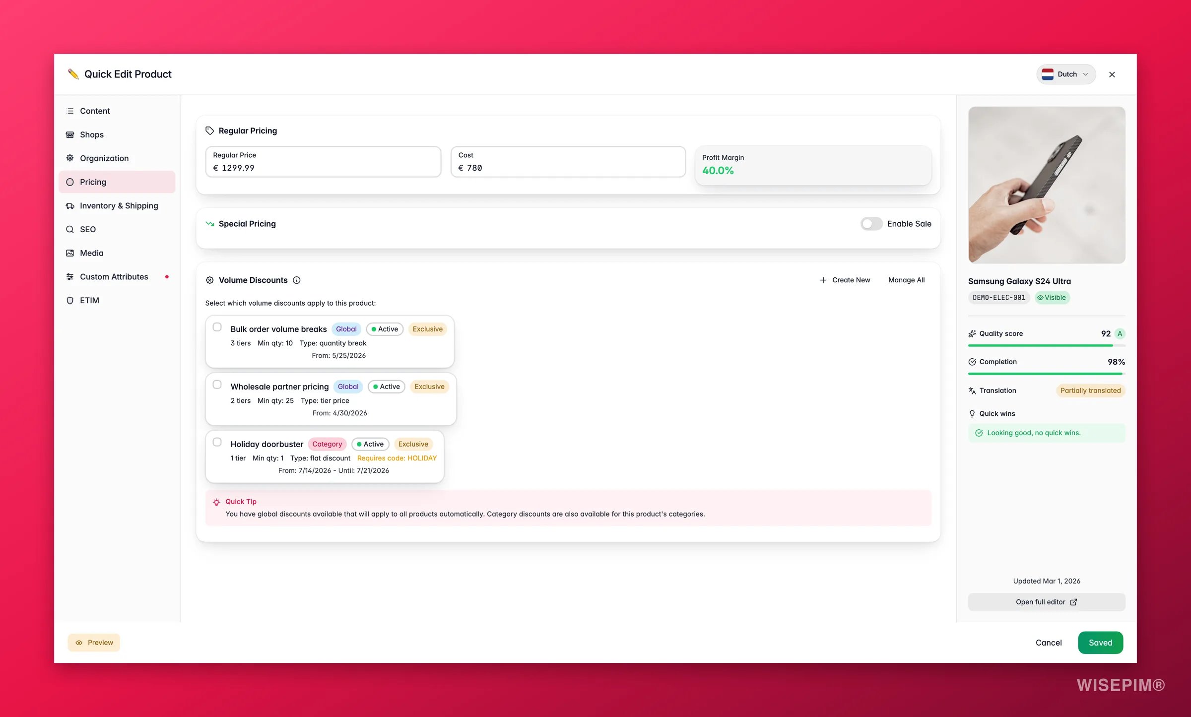 WISEPIM quick-edit Pricing tab with live profit margin, sale presets and volume discounts