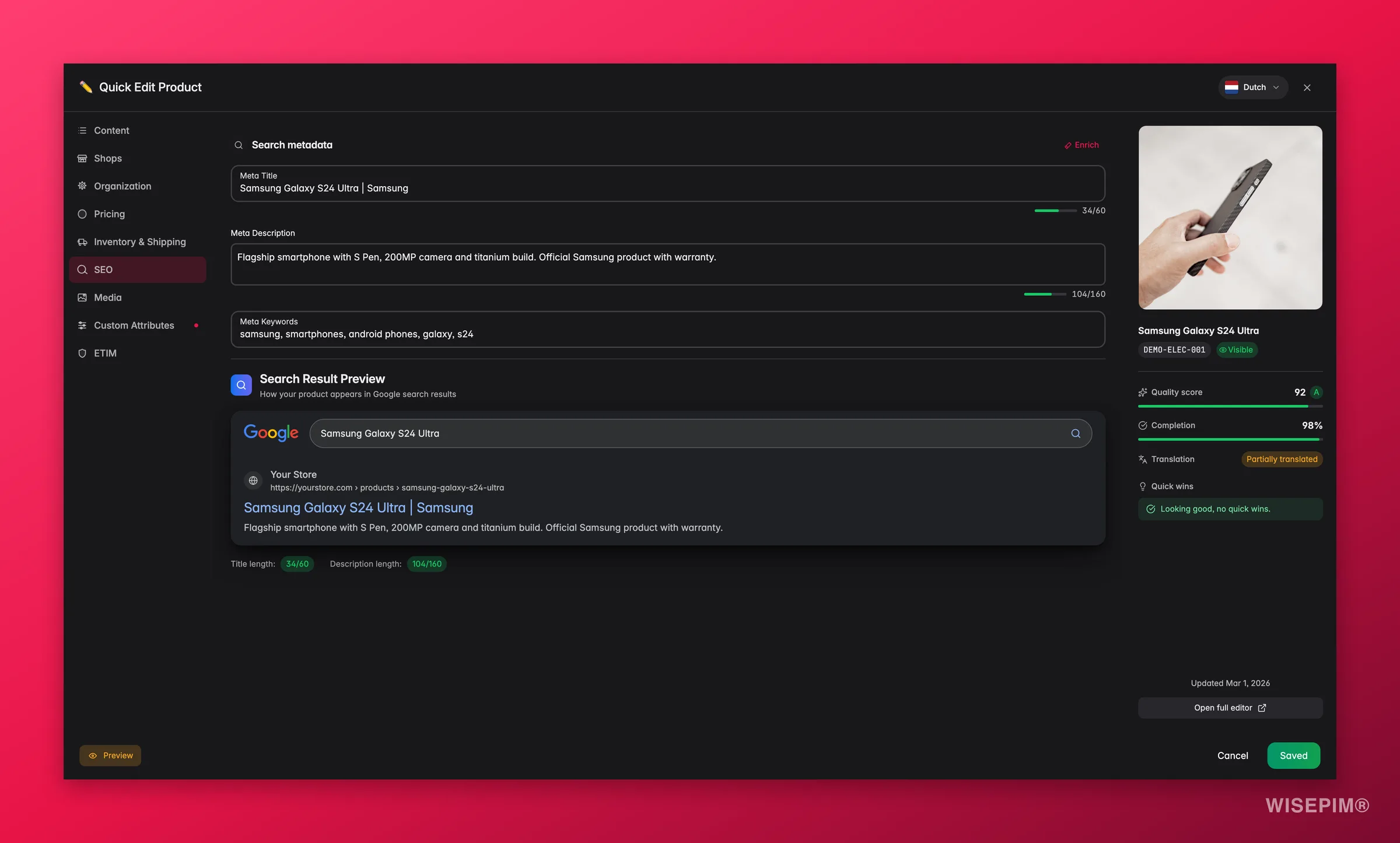 WISEPIM quick-edit SEO tab with a live Google search-result preview and character counts