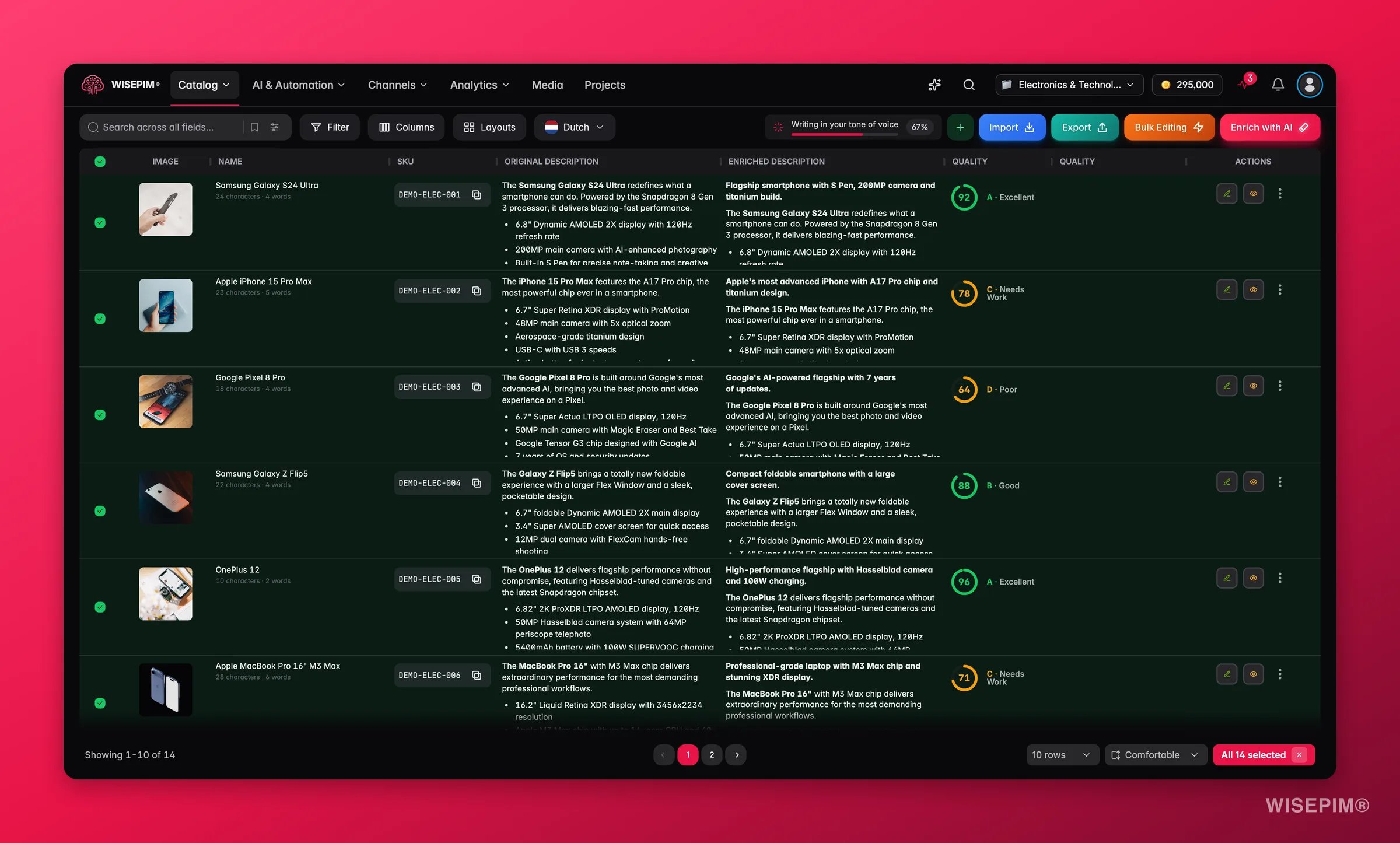 WISEPIM products with every product across all pages selected, ready for a catalog-wide bulk action