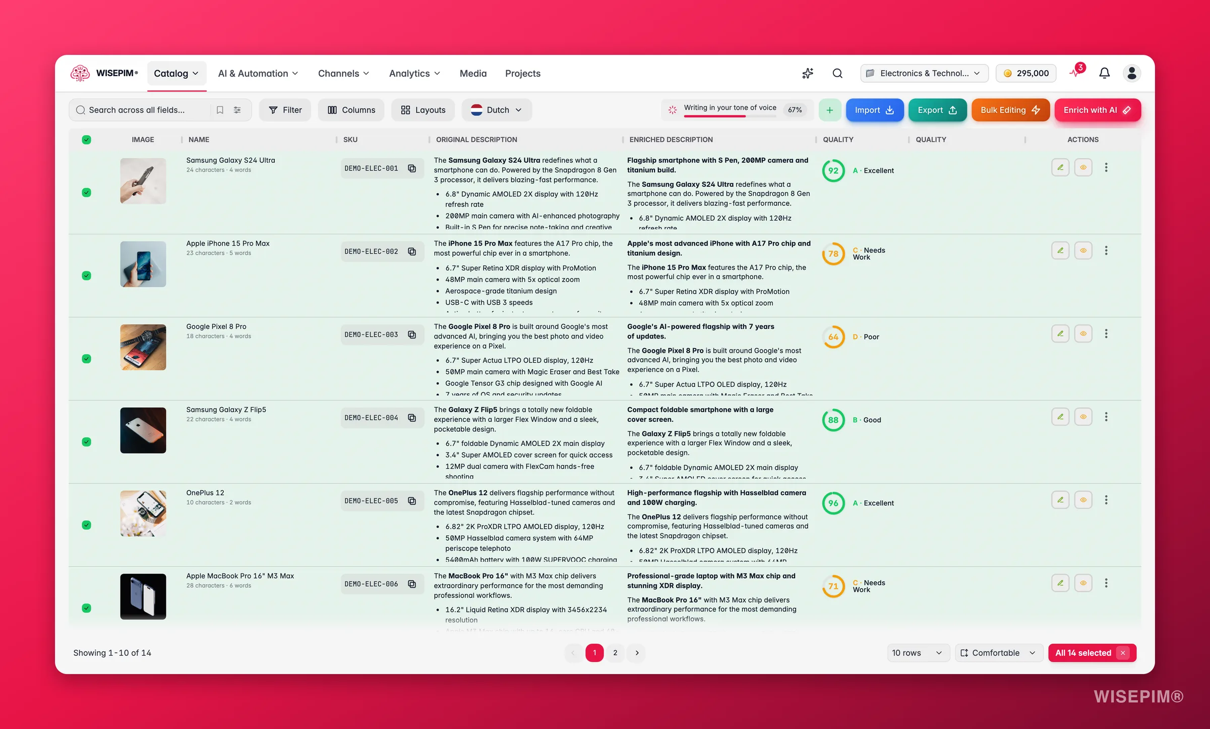 WISEPIM products with every product across all pages selected, ready for a catalog-wide bulk action