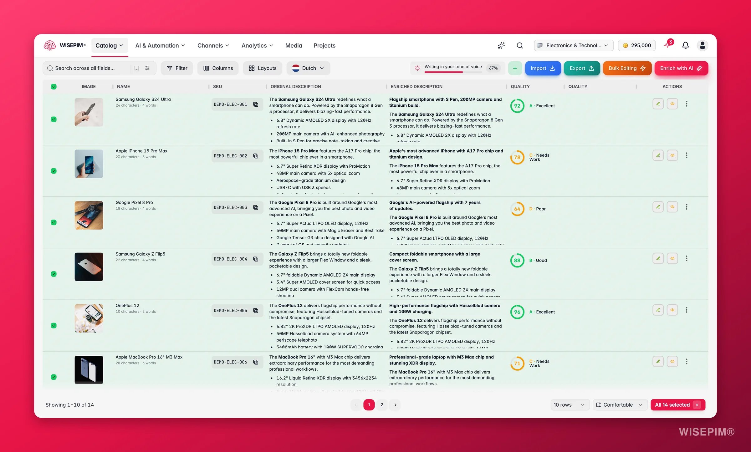 WISEPIM products with every product across all pages selected, ready for a catalog-wide bulk action