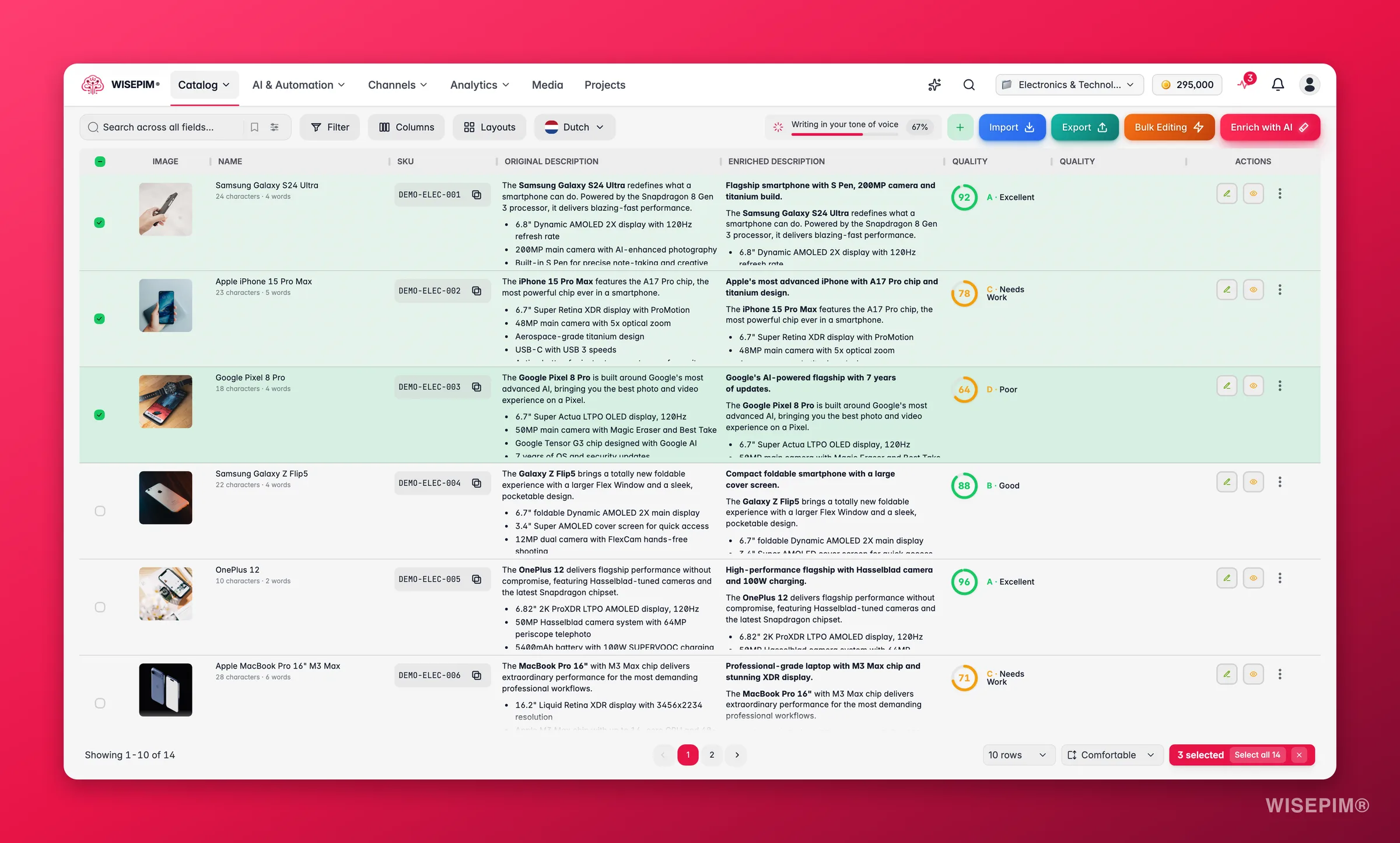 WISEPIM products with rows selected and the 'select all across pages' banner above the table