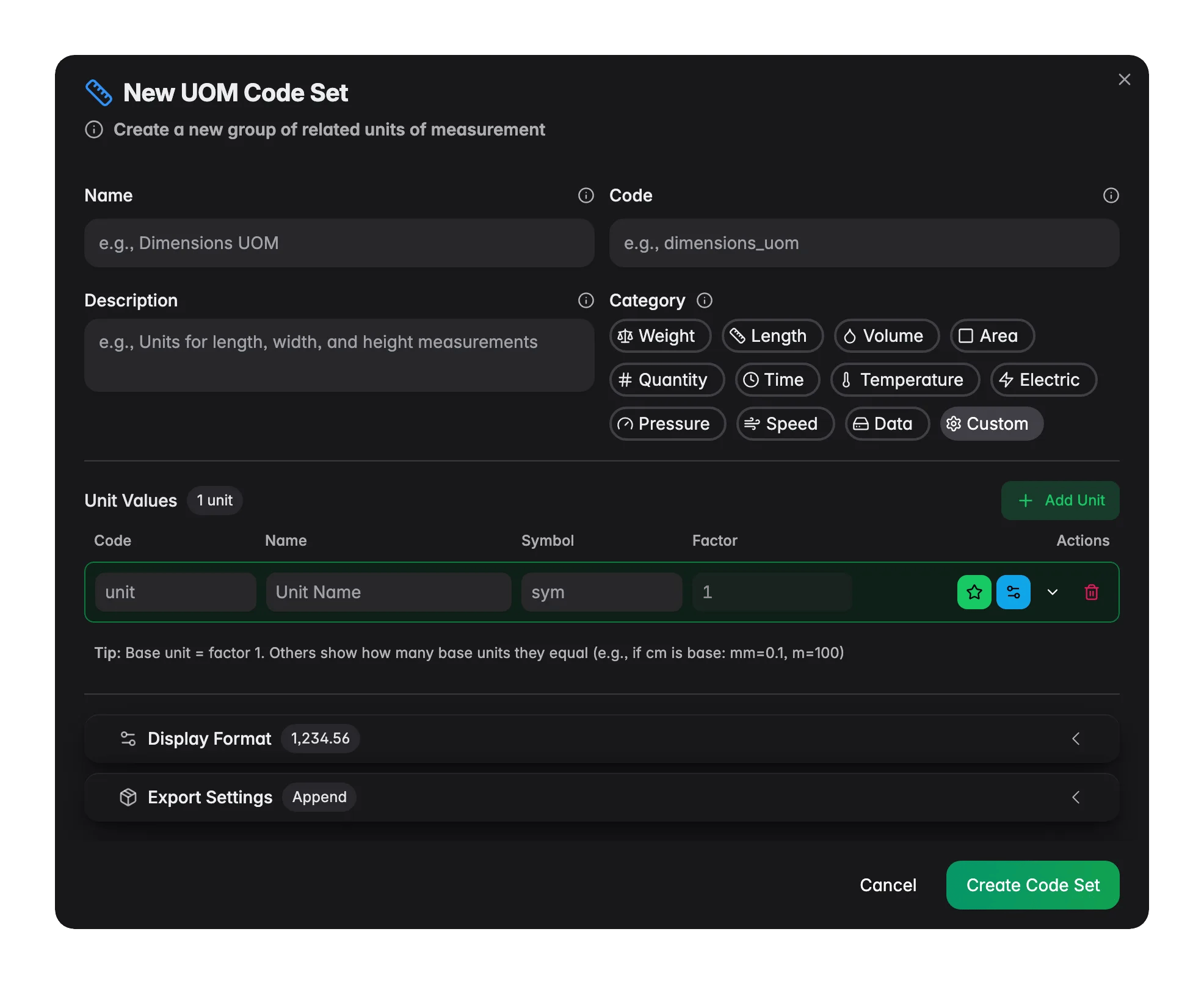 WISEPIM unit-set editor with base unit, conversion factors and export formatting