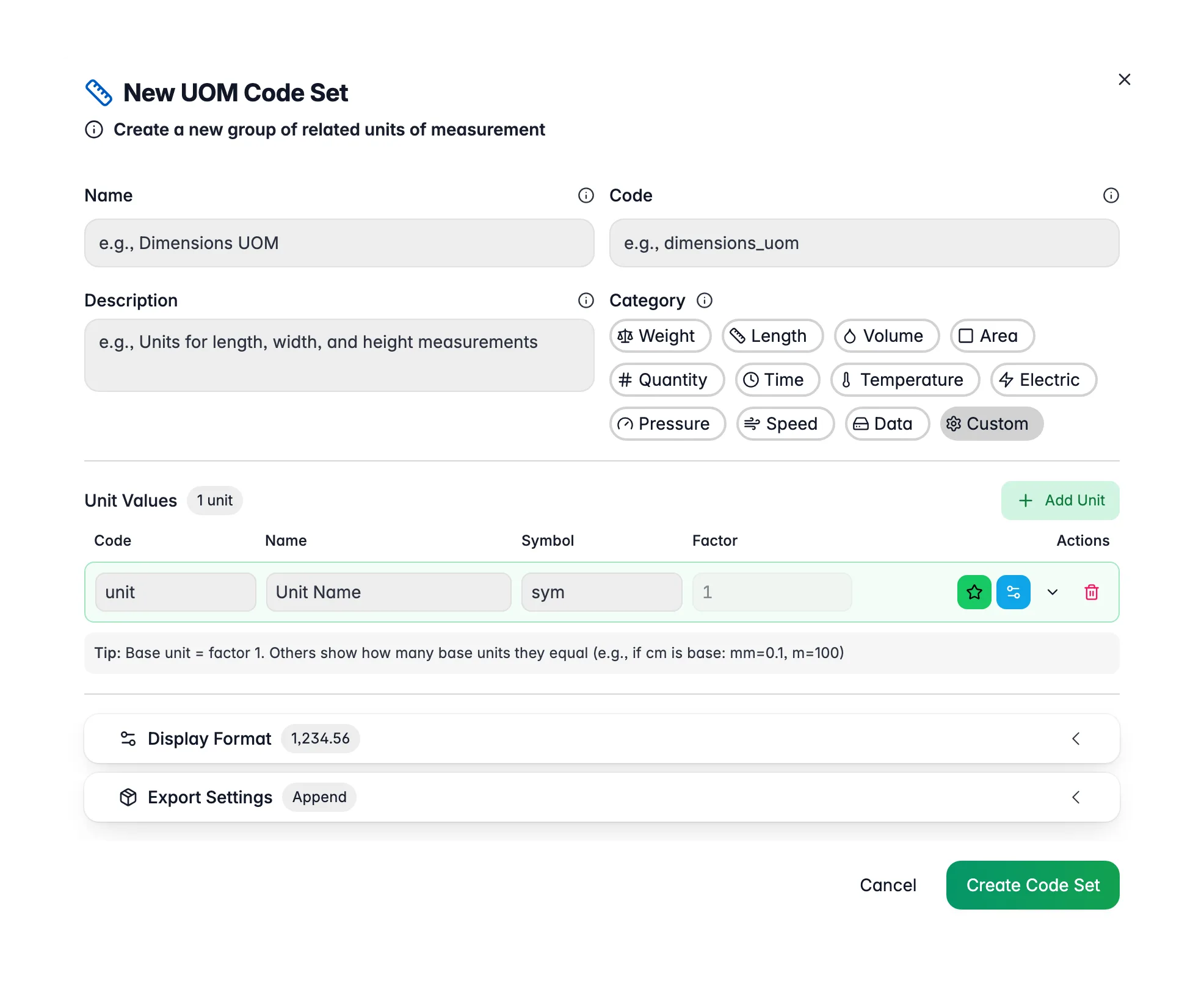 WISEPIM-Editor für Einheitensätze mit Basiseinheit, Umrechnungsfaktoren und Export-Formatierung