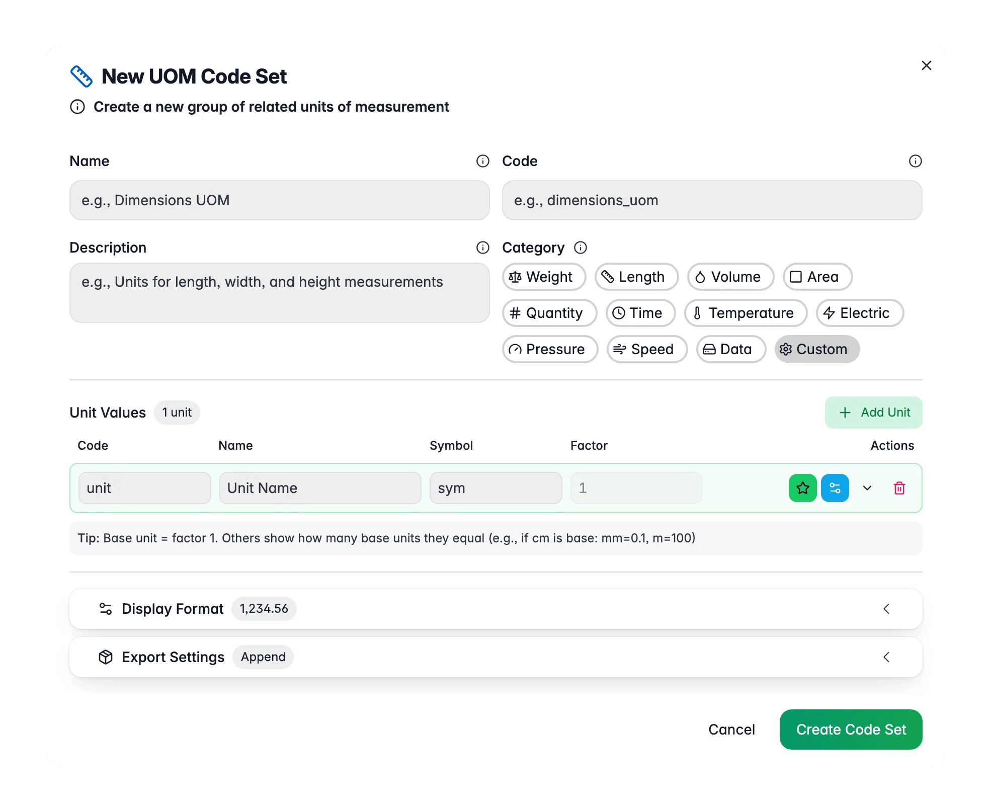 WISEPIM unit-set editor with base unit, conversion factors and export formatting
