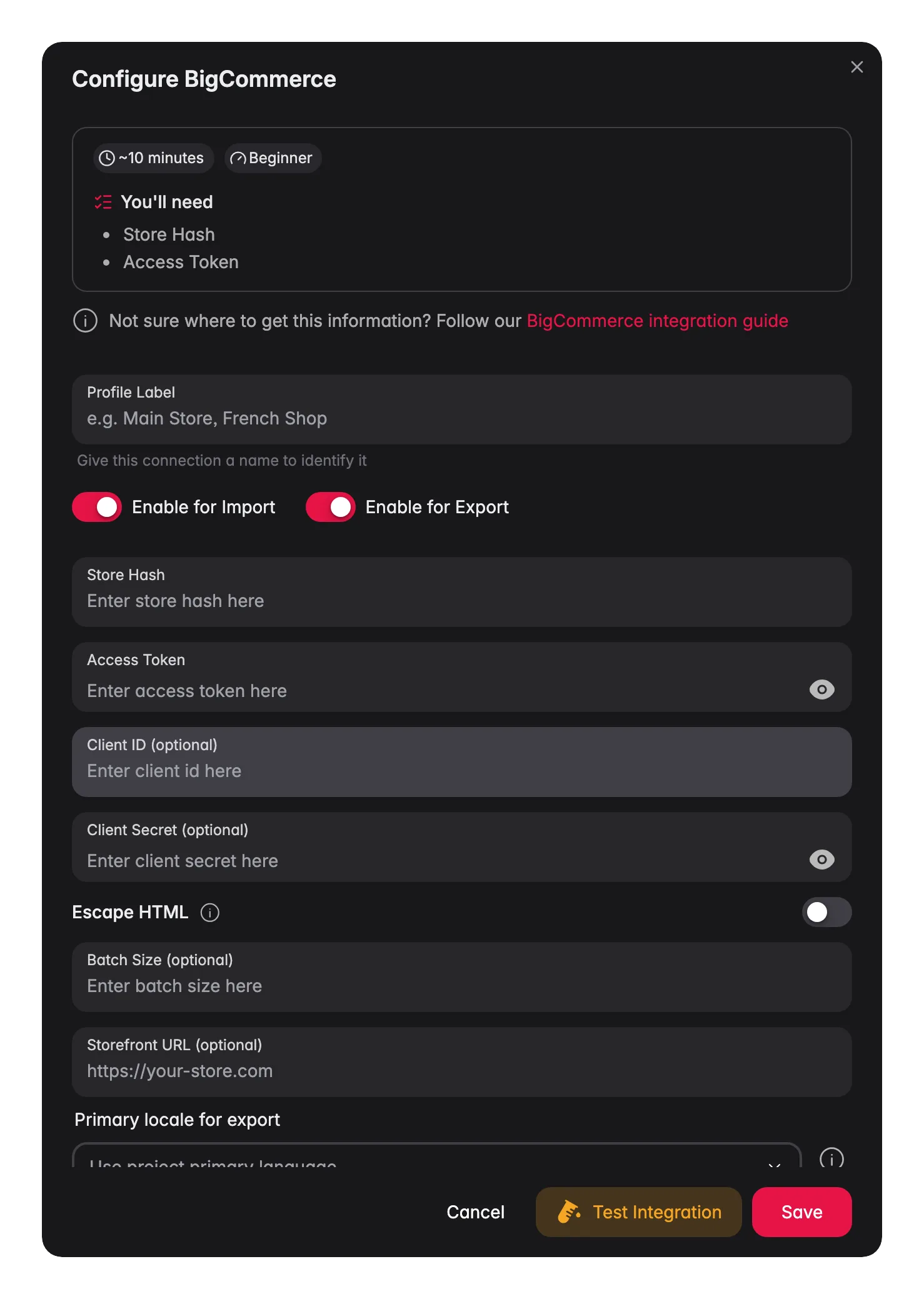 Connecting BigCommerce to WISEPIM, store hash, access token, locale mapping and a live connection test